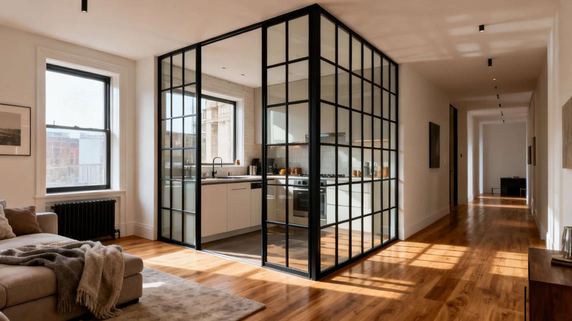 Slim steel-framed glass divider zoning a small kitchen while keeping it bright and open.