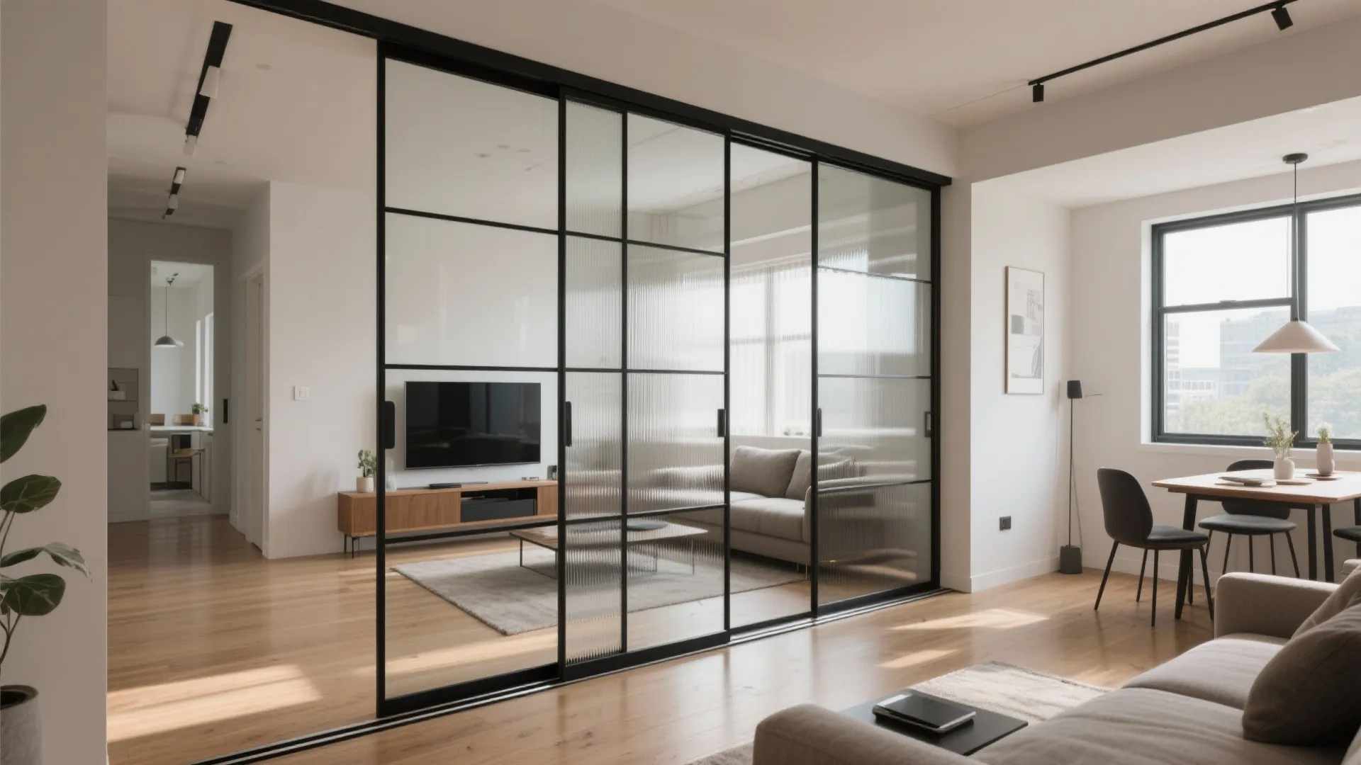 Modern living room with black frame glass sliding doors separating the lounge and dining areas