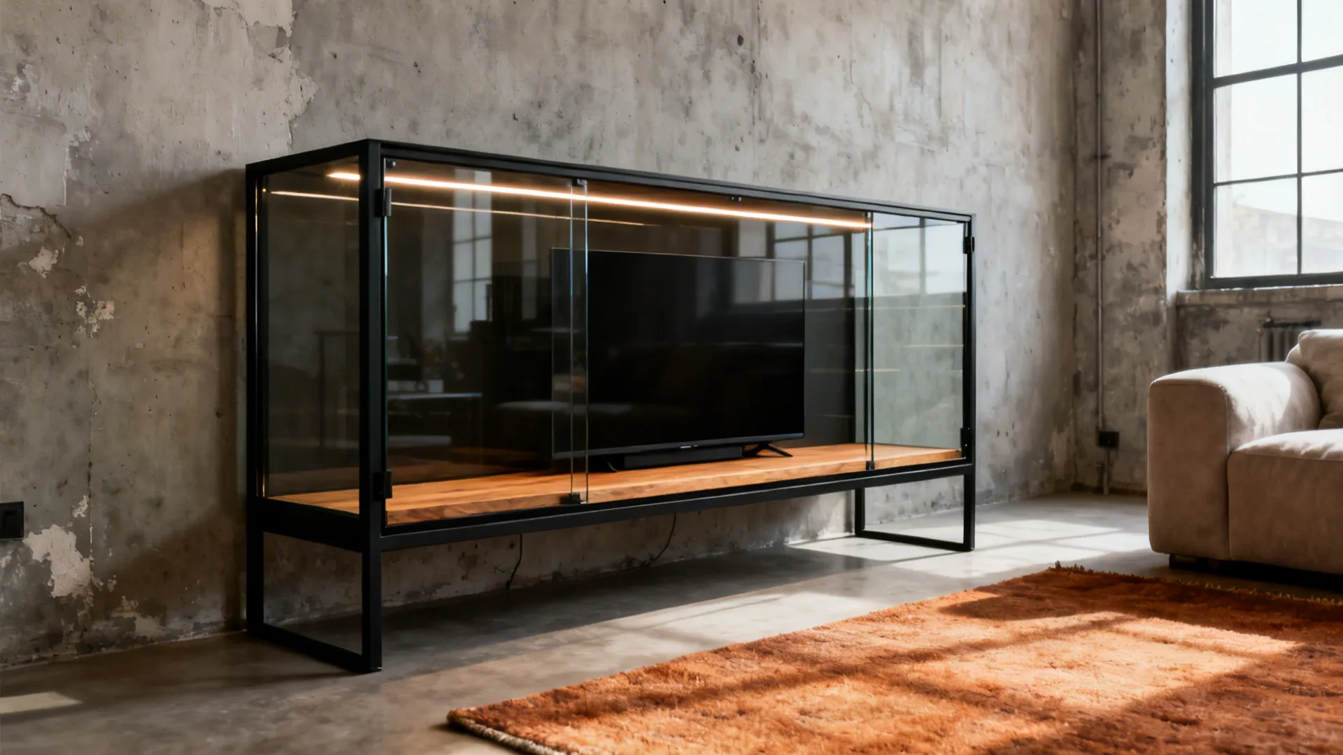 Black steel-framed glass cabinet with warm oak media shelf and a TV in a loft-style living room.