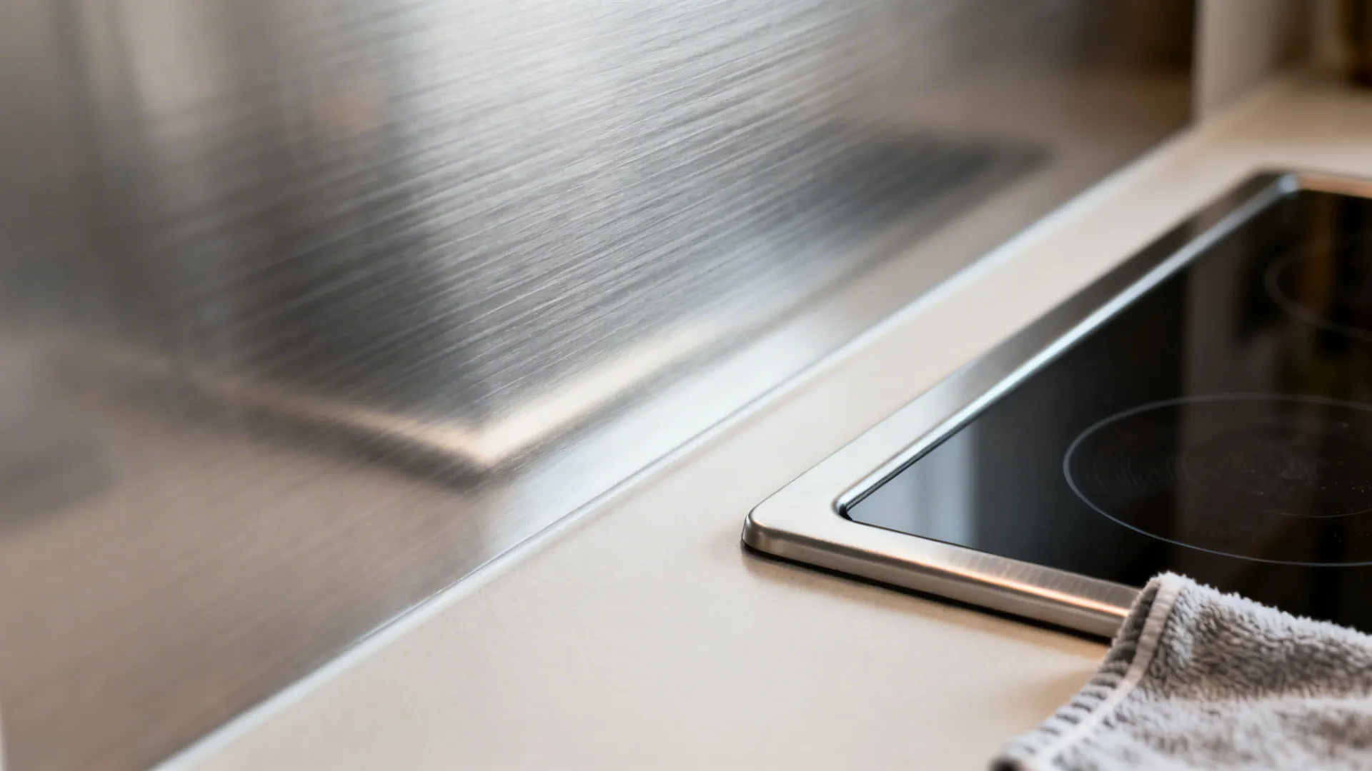 Macro of brushed stainless steel splashback grain beside a hob with soft reflections and clean finish.
