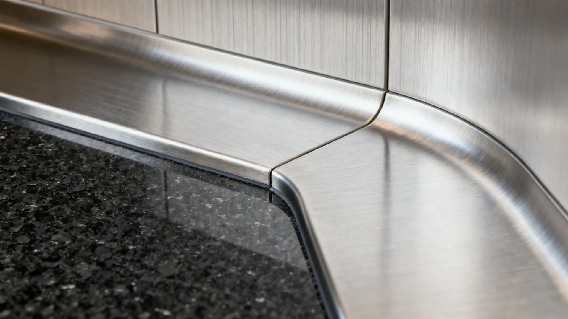 Macro of brushed stainless countertop meeting dark granite with a clean, precise junction.