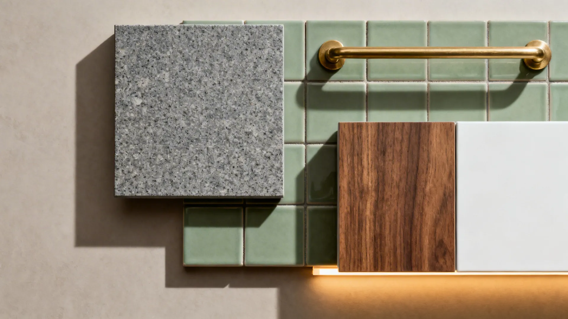 Material flat-lay with honed steel grey granite, sage tiles, brass pull, and cabinet swatches.