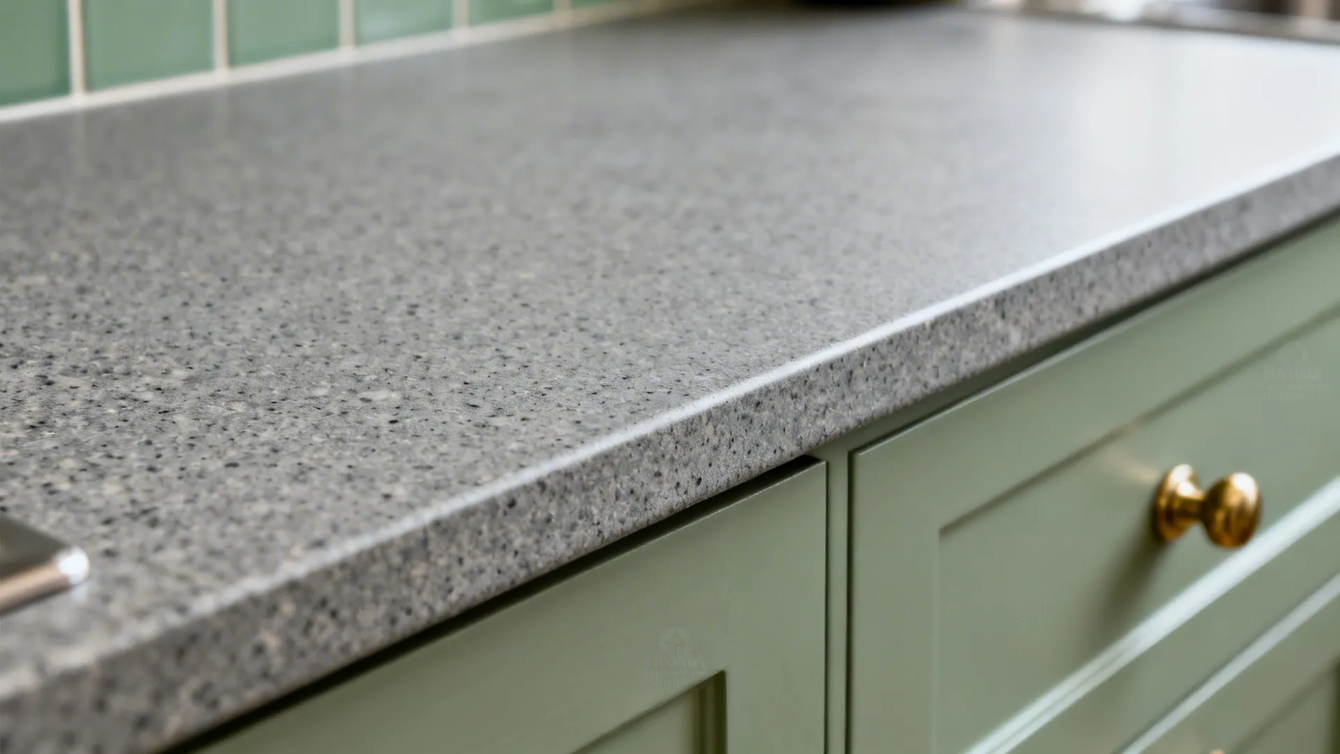 Macro of honed steel grey granite showing matte texture and subtle speckles.