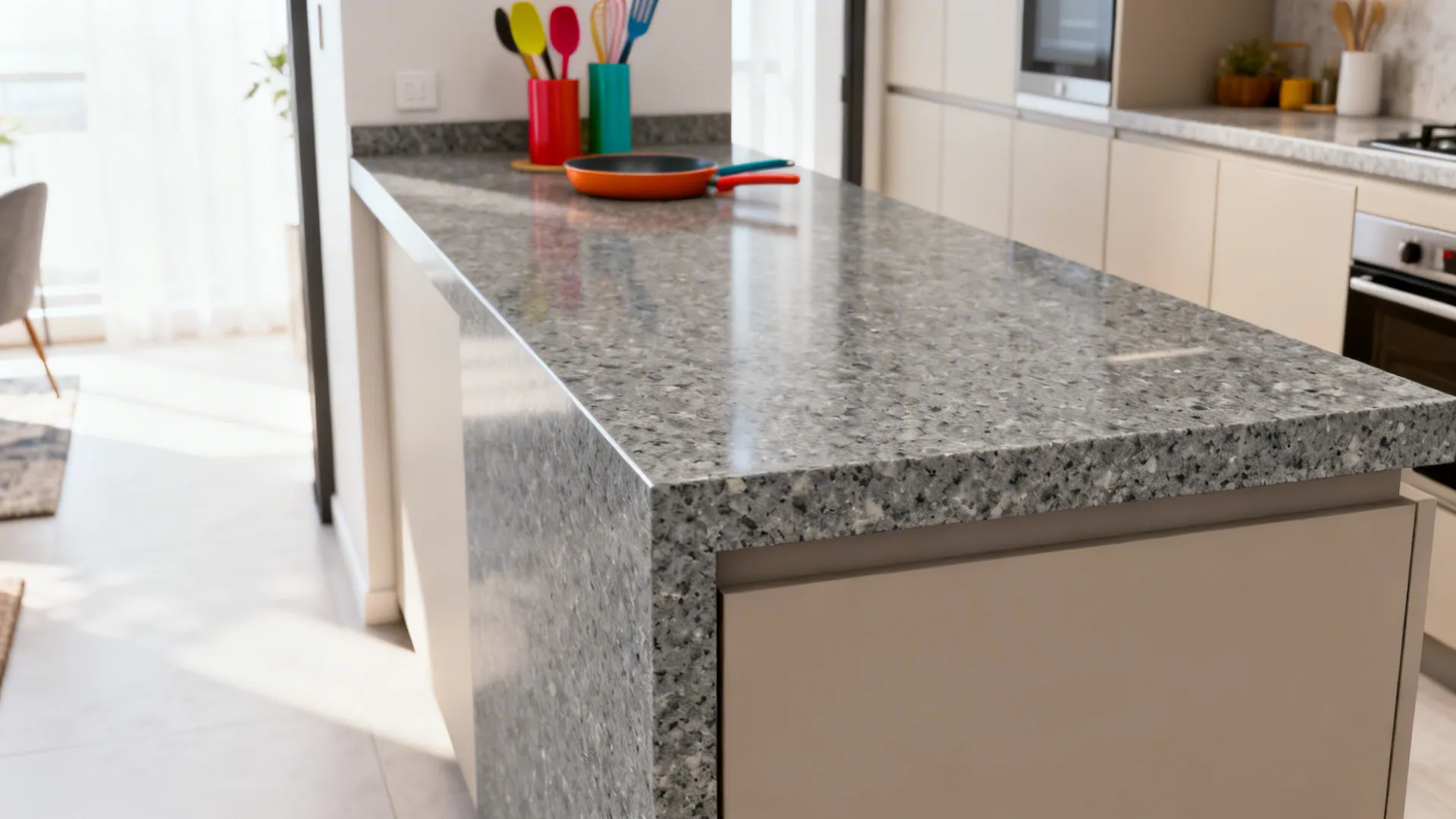 Steel Grey granite with a single waterfall edge in a compact open-plan kitchen.