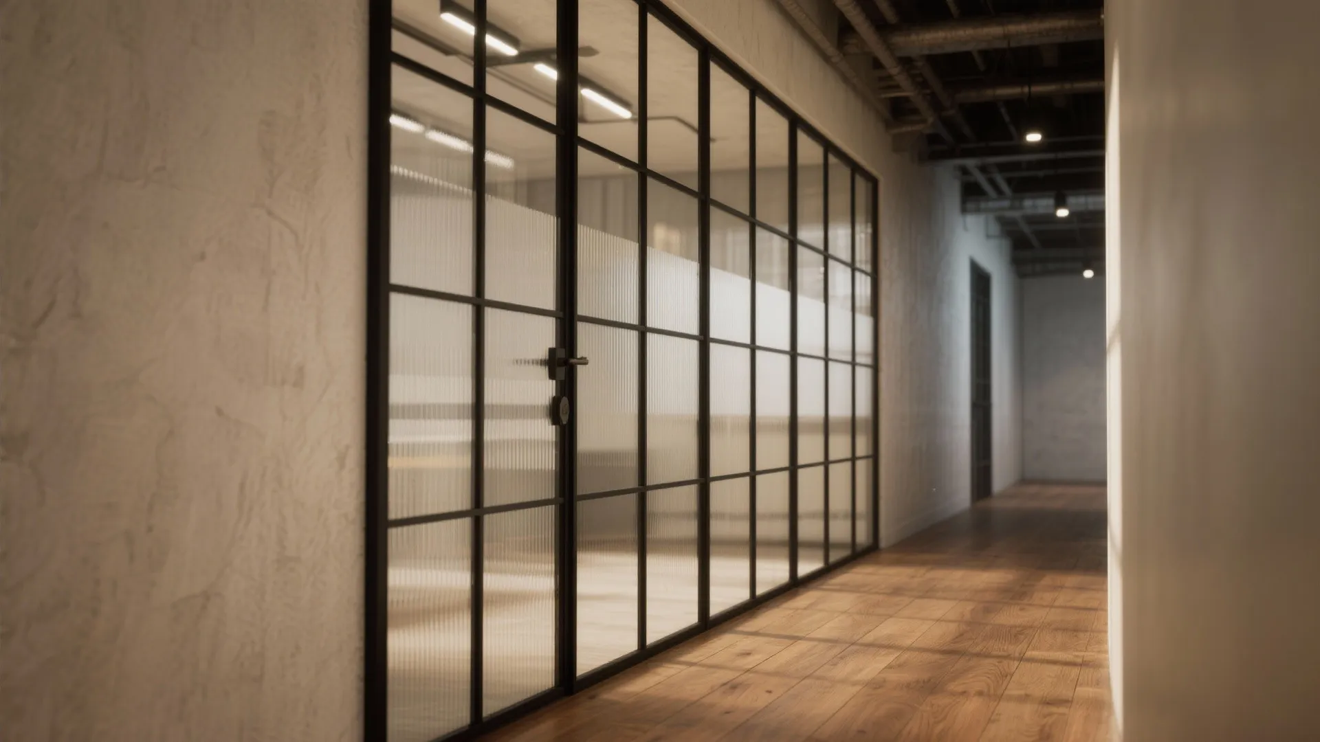 Modern office hallway featuring a glass wall with black metal frames and warm wood flooring