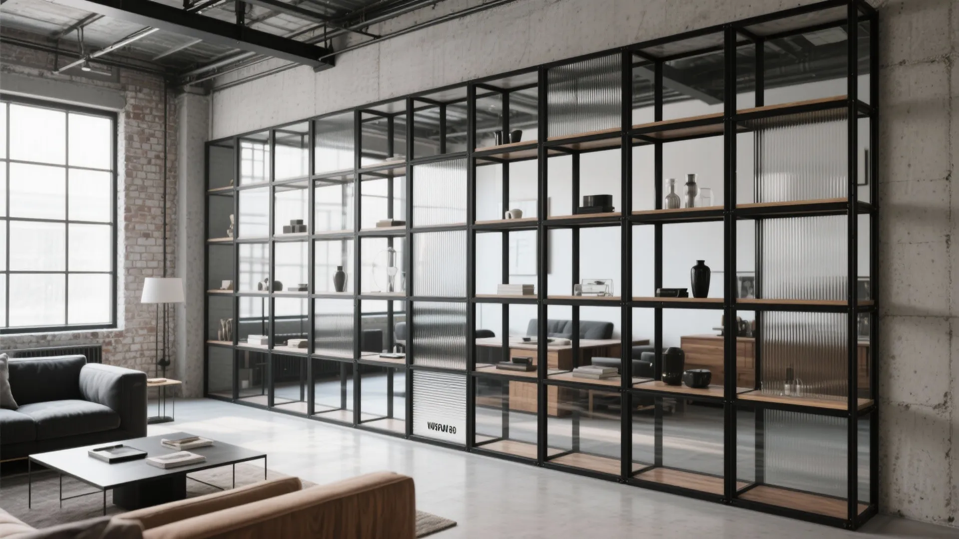 Industrial living room with a large black metal grid bookshelf used as a room divider