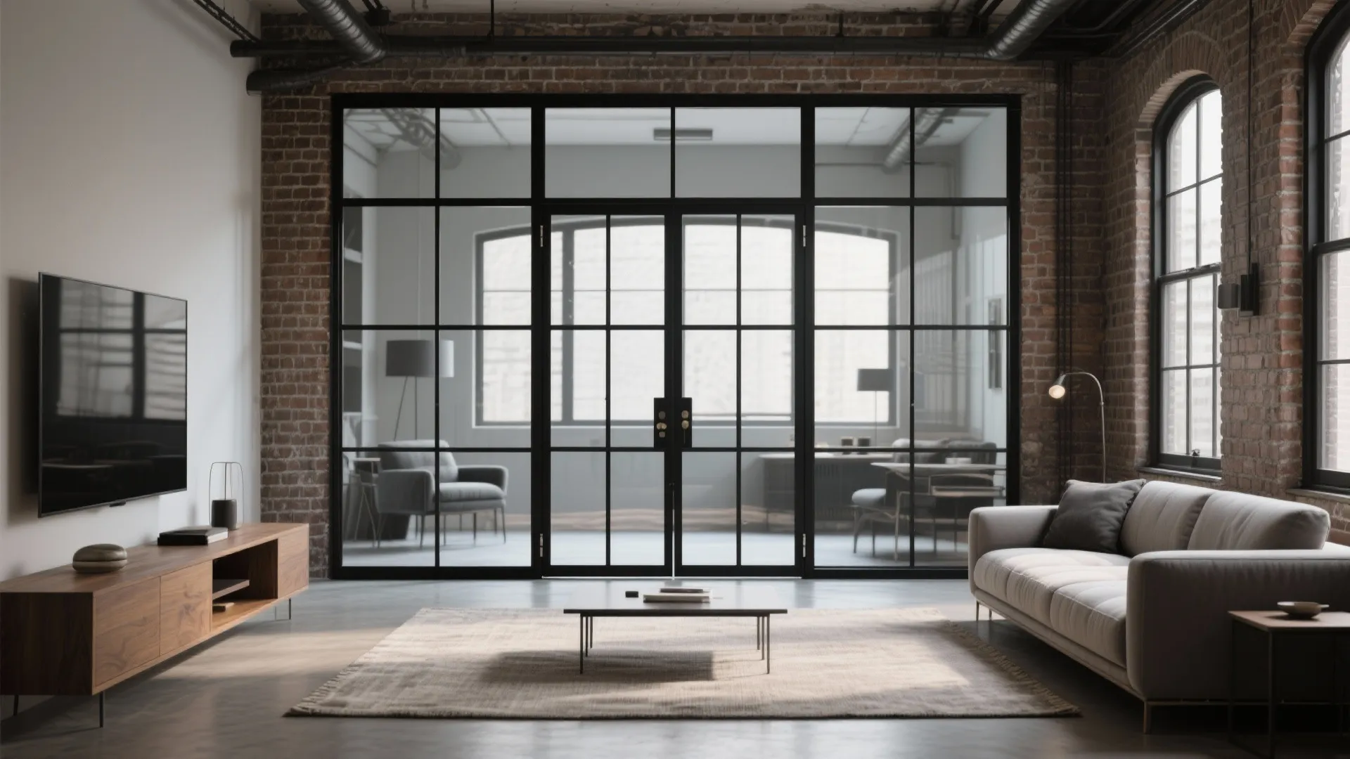 Industrial living room with brick walls black metal glass doors grey sofa wooden cabinet rug