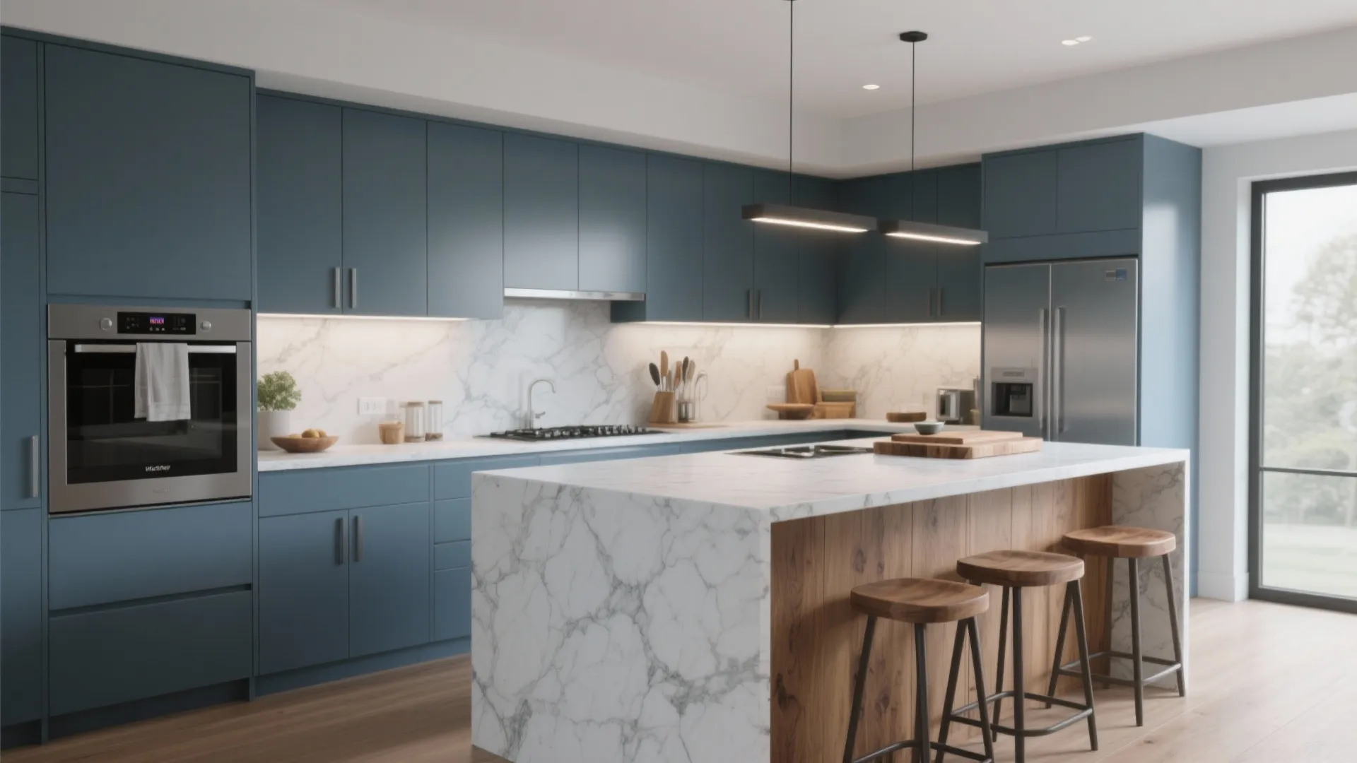 Kitchen with steel blue-gray cabinets, white marble countertops and a warm butcher block island.