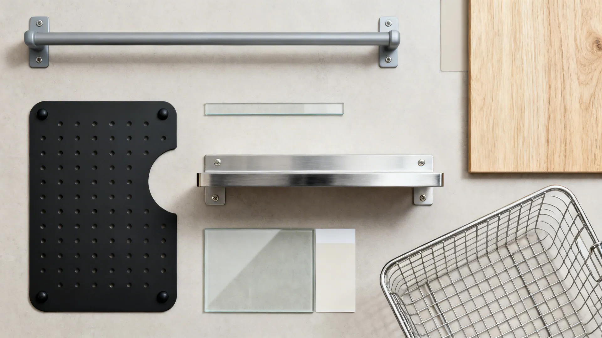 Top-down material flatlay with steel rail, pegboard, slim shelf, glass, mesh basket, and wood veneer.