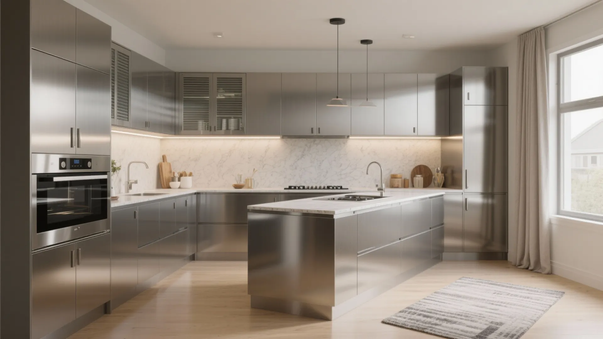 Modern kitchen with stainless steel cabinets marble backsplash central island wooden floor black ceiling lights