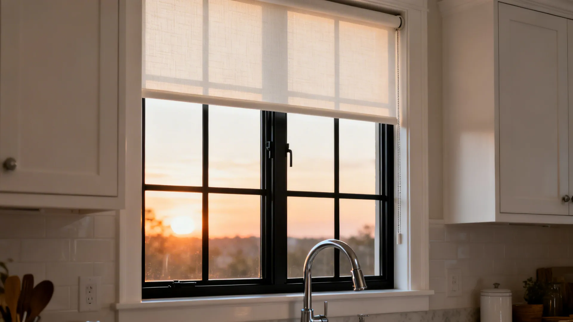 Black steel-look window grids with a light-filtering roller shade above a kitchen sink.