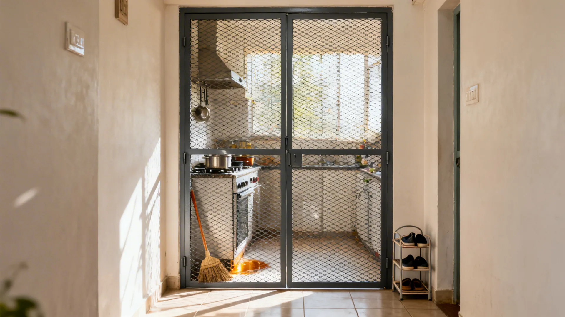 Mild-steel grille kitchen gate with expanded metal mesh allowing airflow and visibility in a small Indian home.