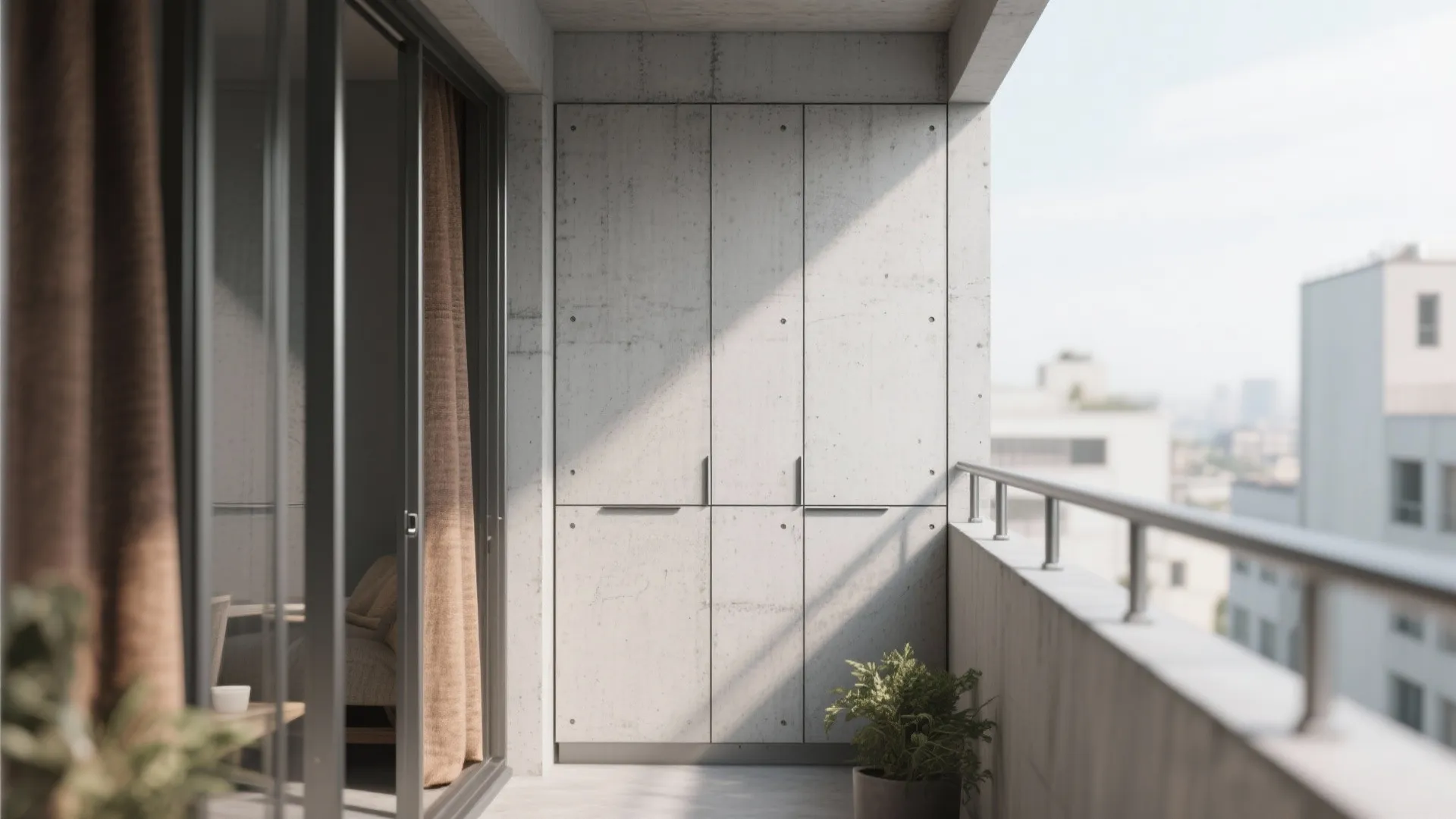 Slim steel-frame balcony cabinets with fiber-cement and microtop concrete finish.