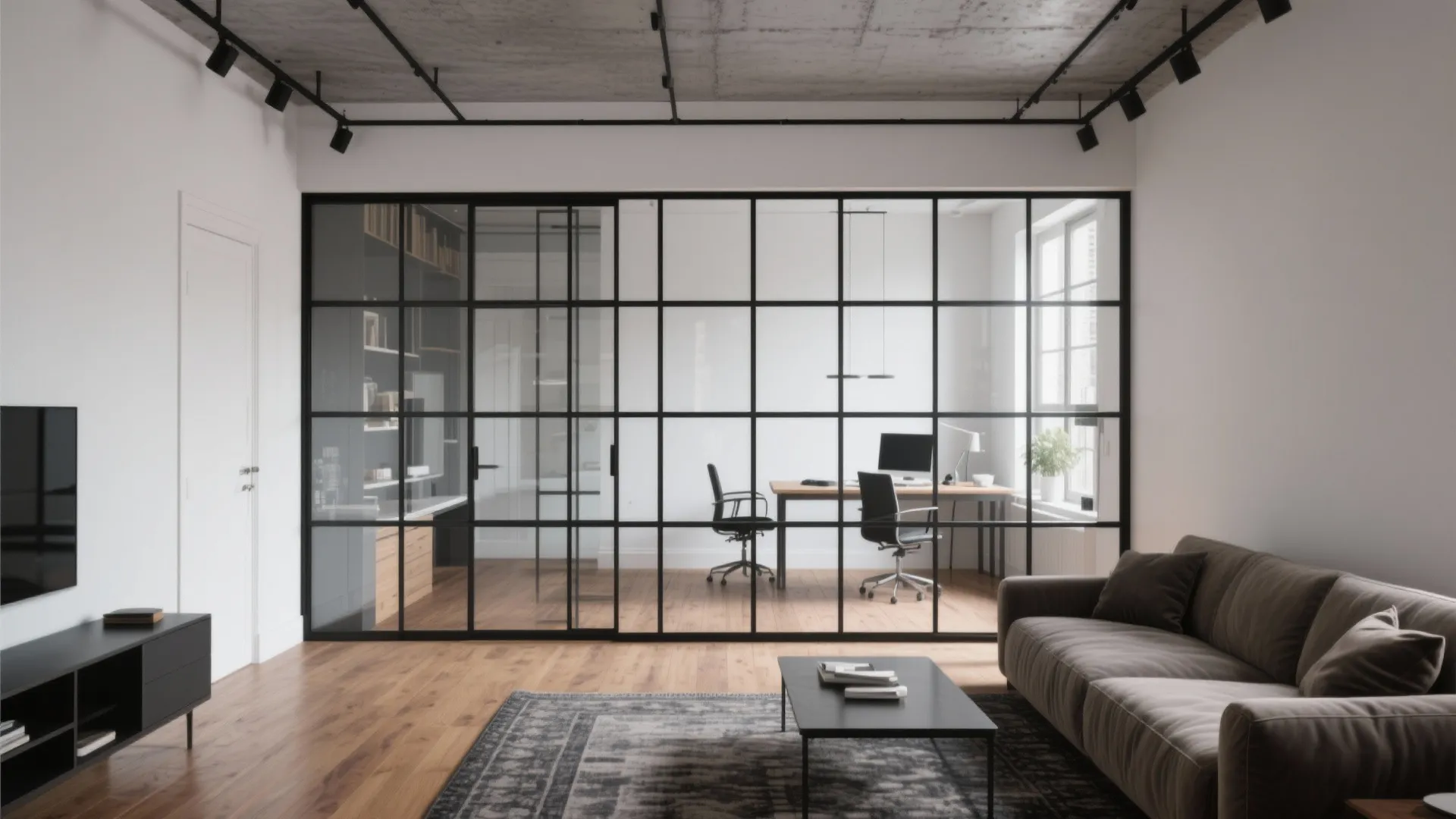 Modern living room with brown sofa and black glass wall divider separating a home office space