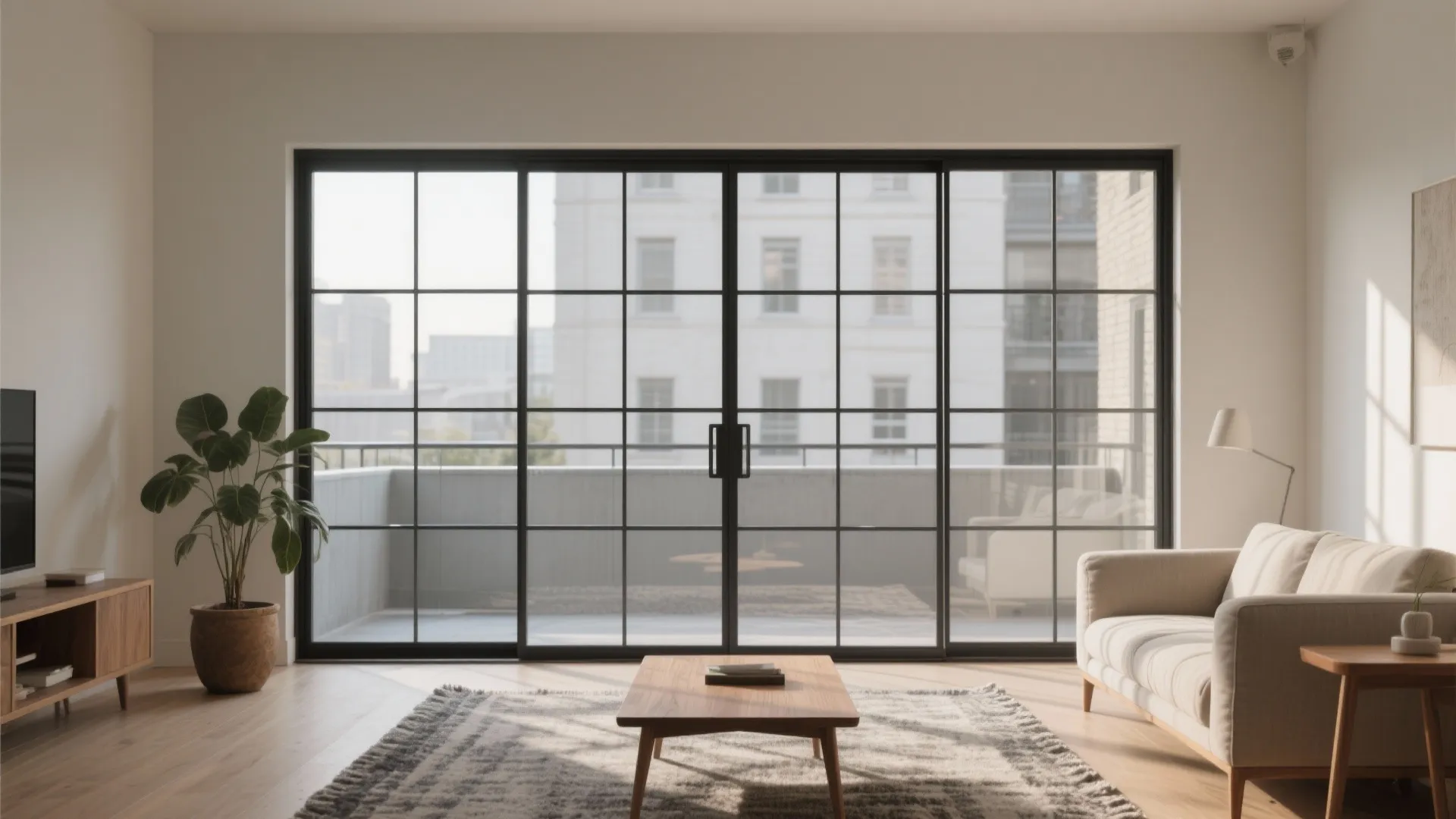 Steel-framed glass doors with slender mullions
