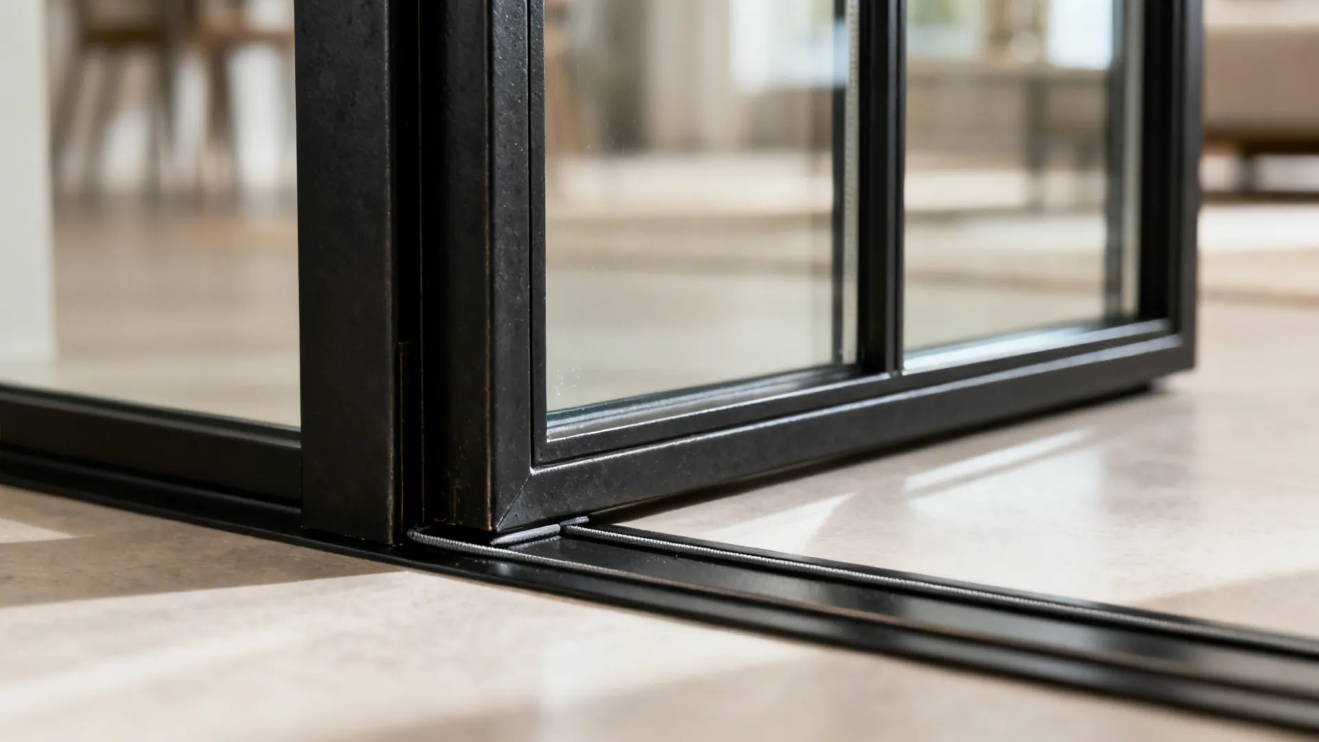 Close-up of a black steel French door frame with minimal muntins and clear laminated glass.