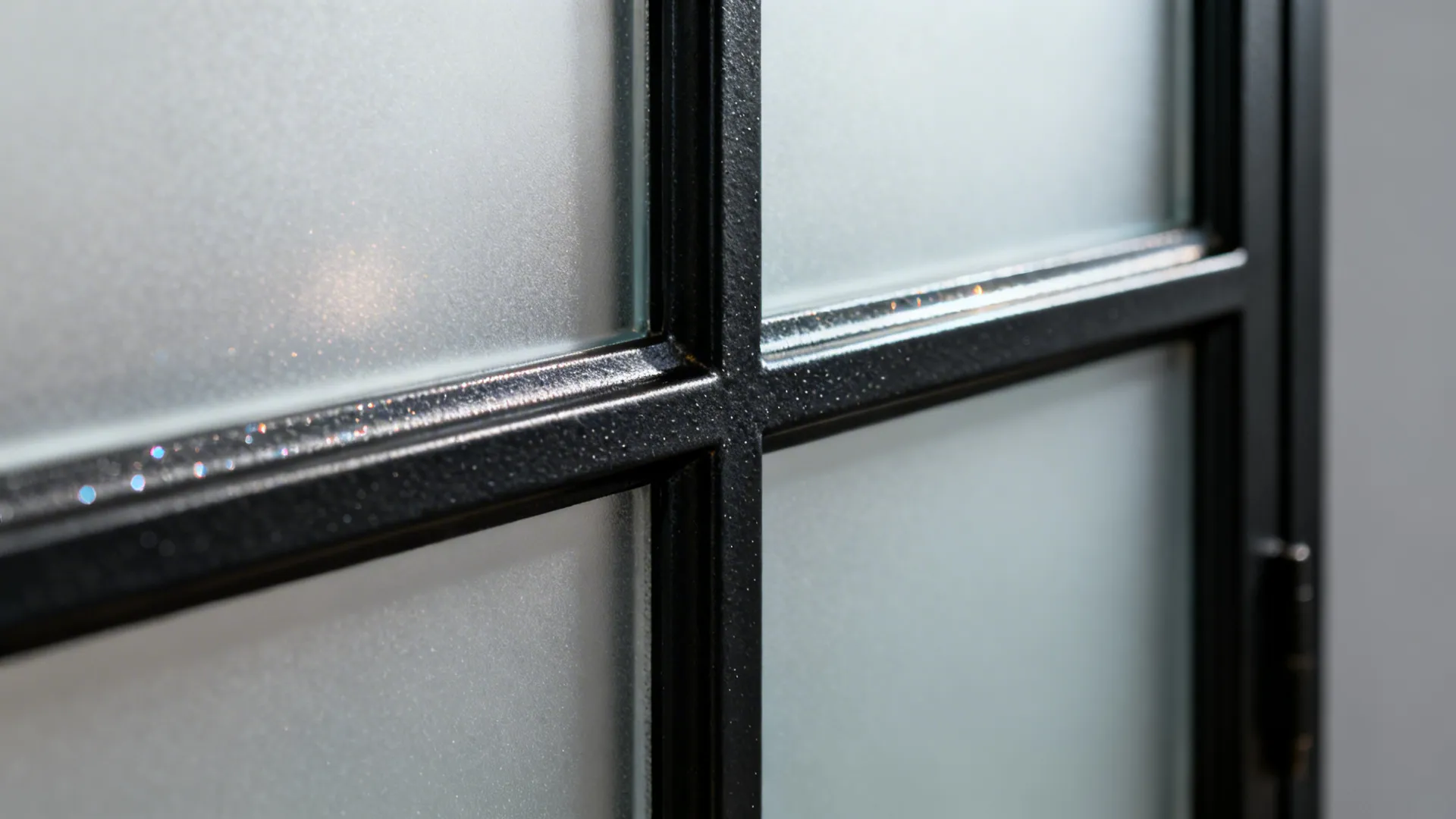 Macro of black steel muntins meeting frosted glass with soft diffusion.