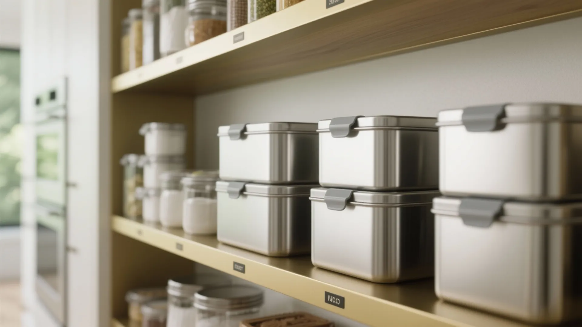 Modern kitchen pantry with steel food containers organized on wooden shelves for a clean look