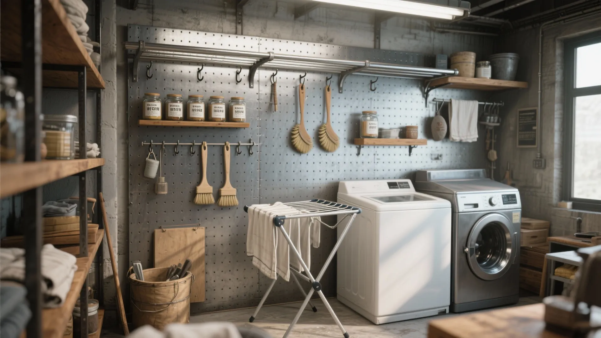 5. Utility-First: Stainless Steel, Pegboard, and Rail Systems