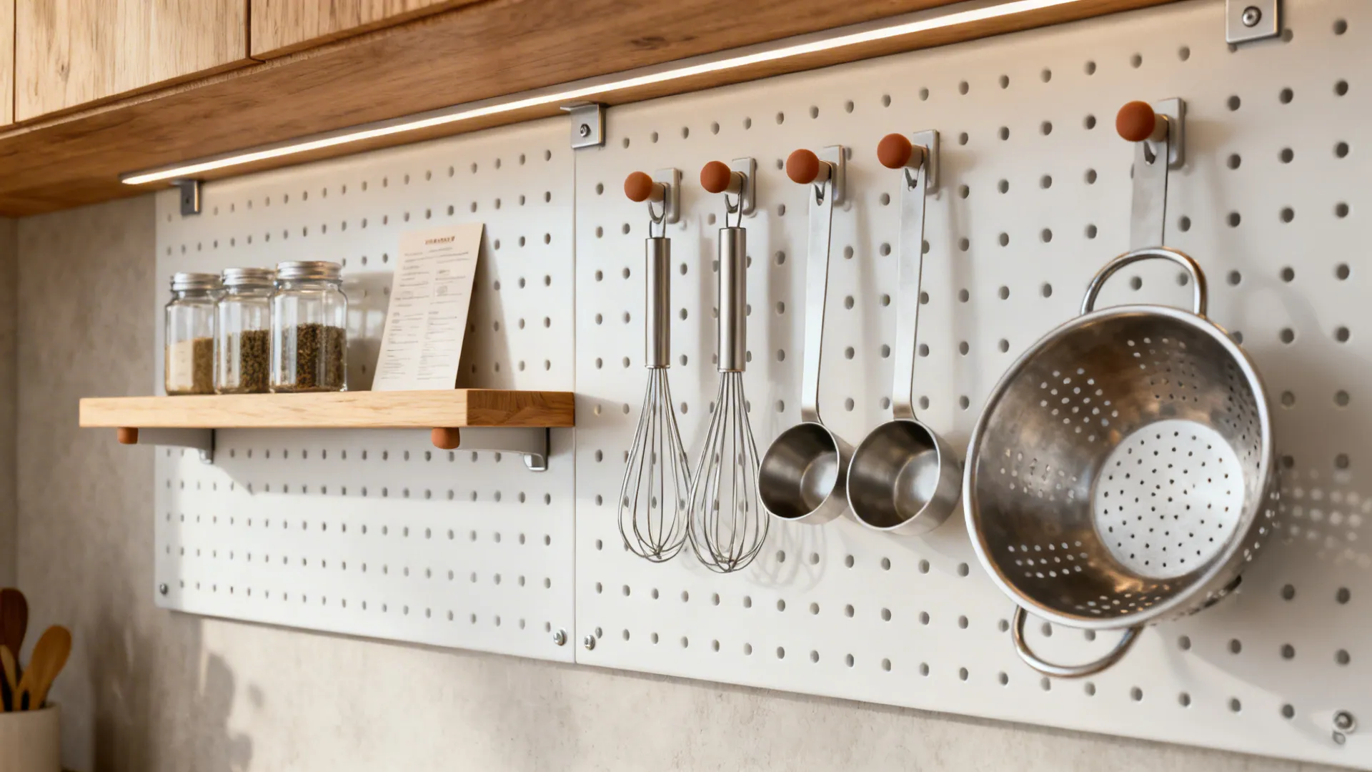 Matte white steel pegboard with pegs and mini shelves organizing baking tools.