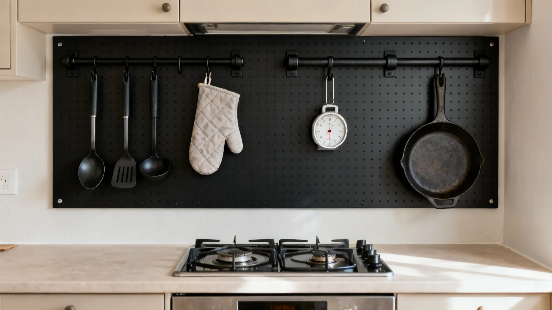 Matte black steel pegboard zoned by task with hooks for tools behind a compact range.