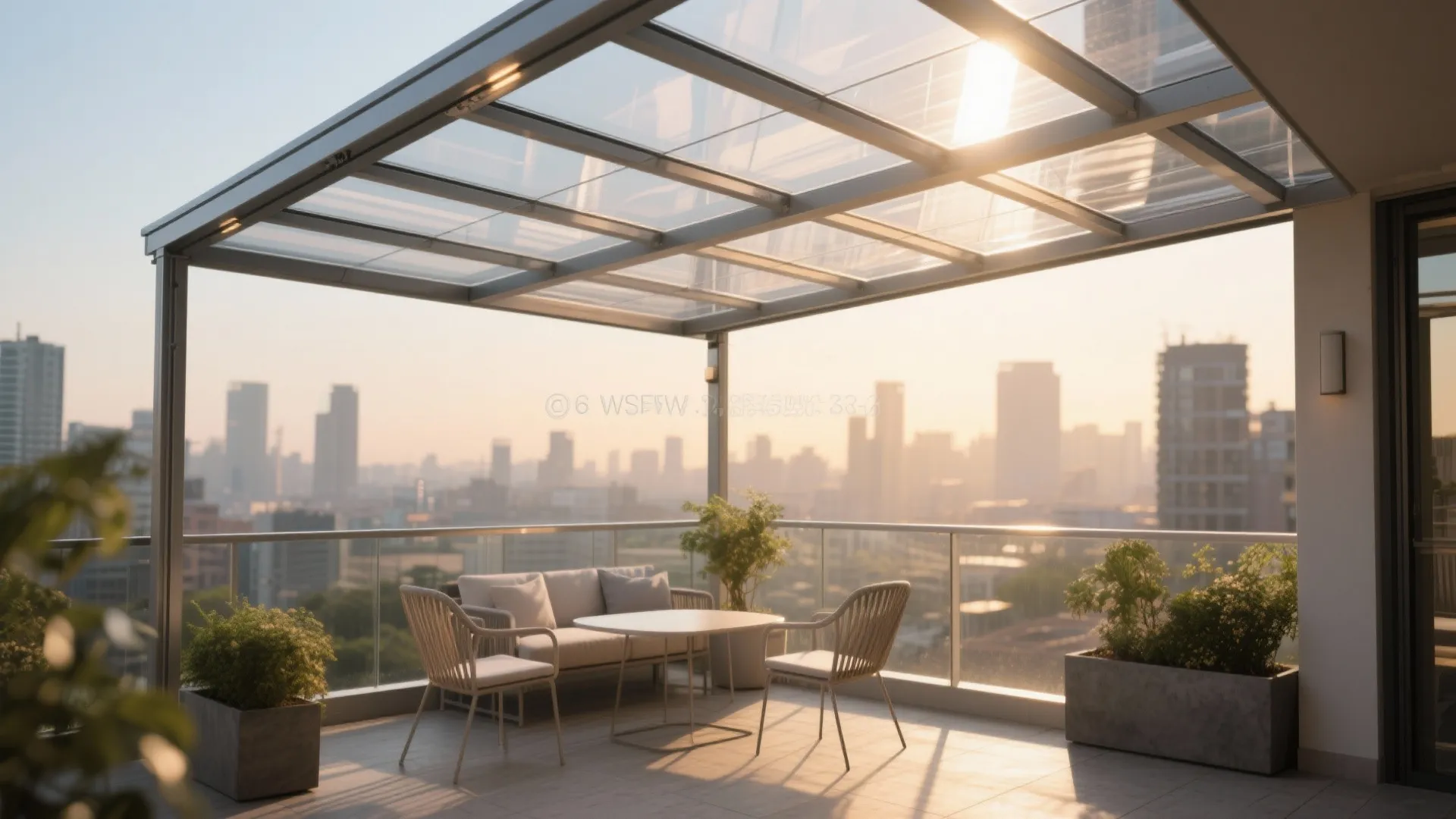 Modern rooftop balcony with metal glass roof cover outdoor sofa table chairs and sunset view