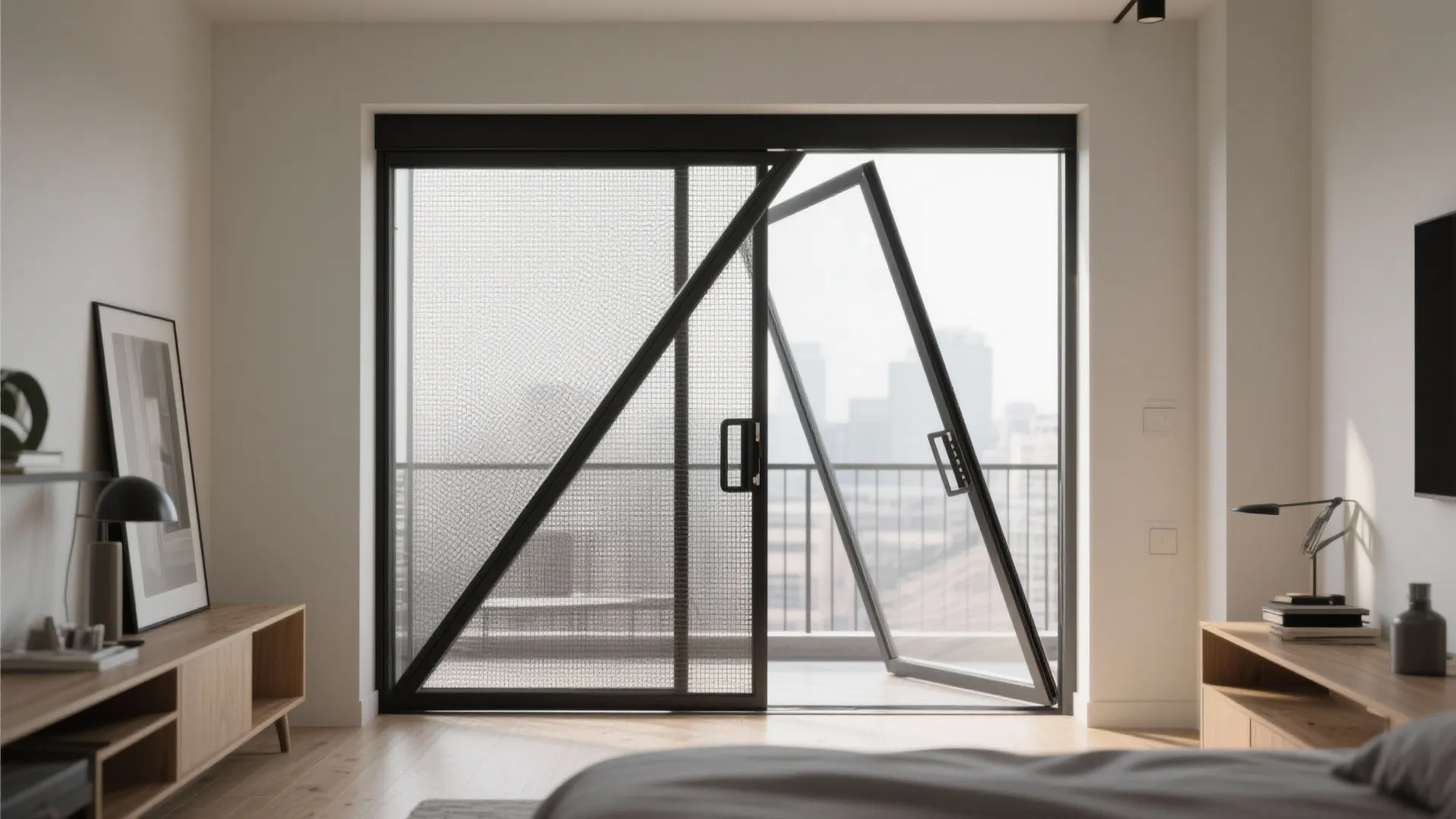4) Steel Pivot Balcony Door With Ventilating Screen