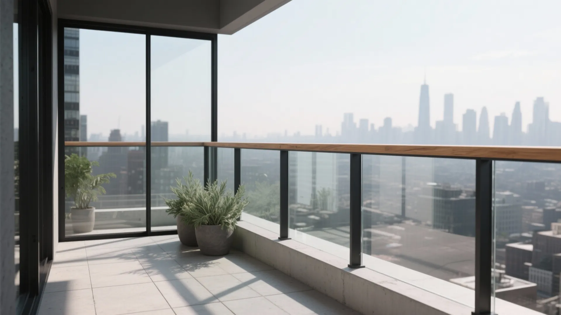 Modern balcony featuring glass railing with wooden top, potted plants and a city skyline view
