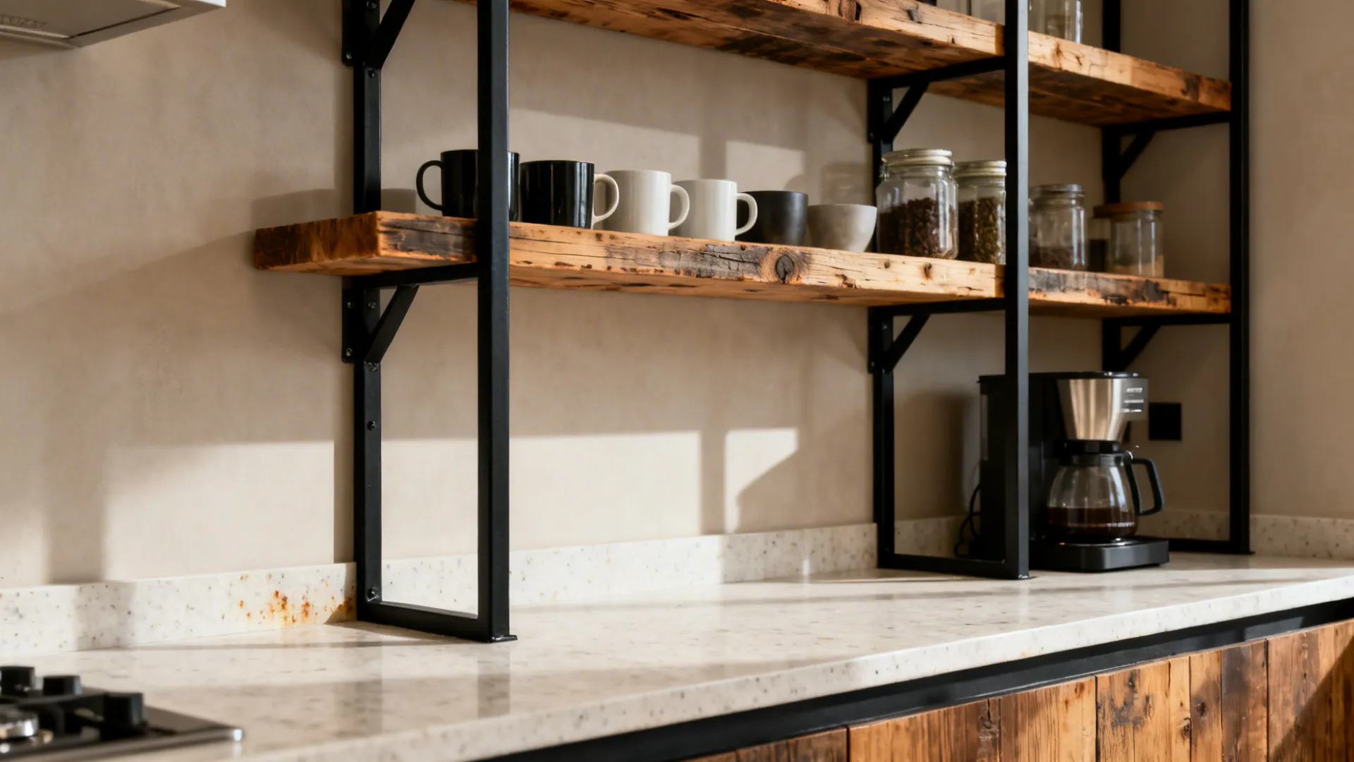 Matte-black steel angle frame shelves with reclaimed wood boards above a light quartz counter.