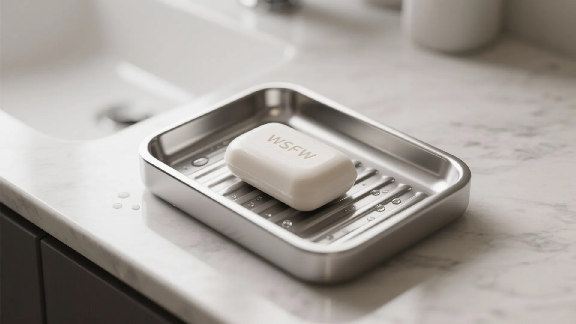 Close-up of a stainless steel soap tray with raised ridges on a compact vanity.