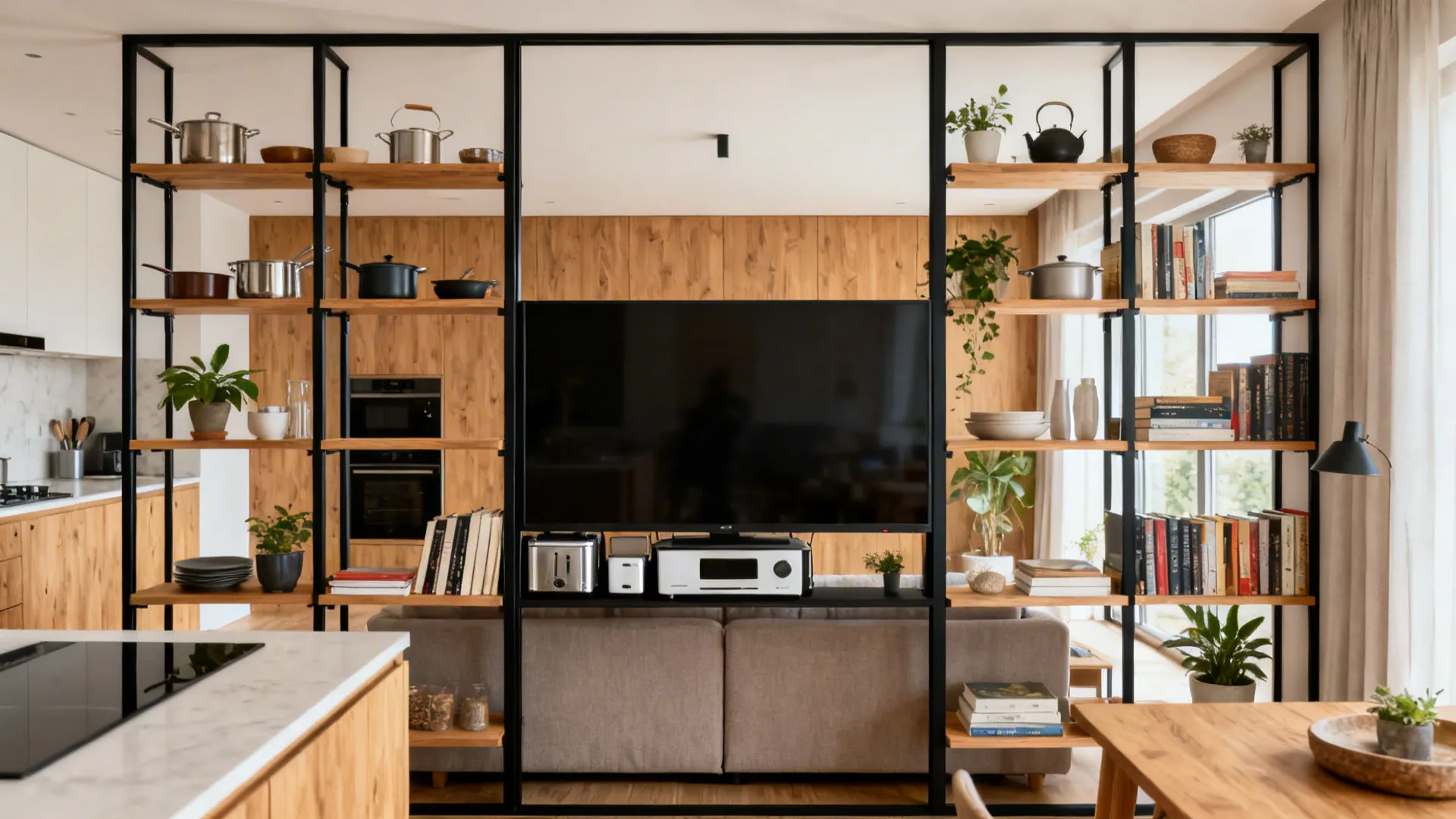 Modern black metal room divider with wooden shelves holding kitchen tools books and a television