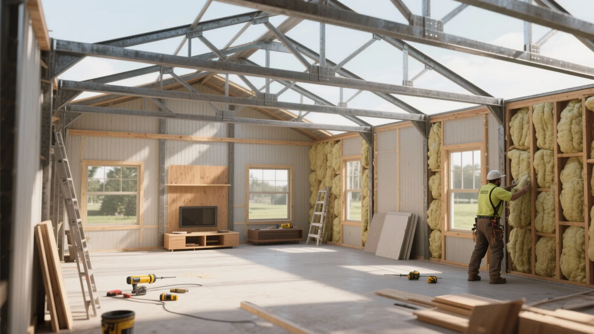 Construction worker installing yellow wall insulation inside a large steel frame building with metal roof trusses