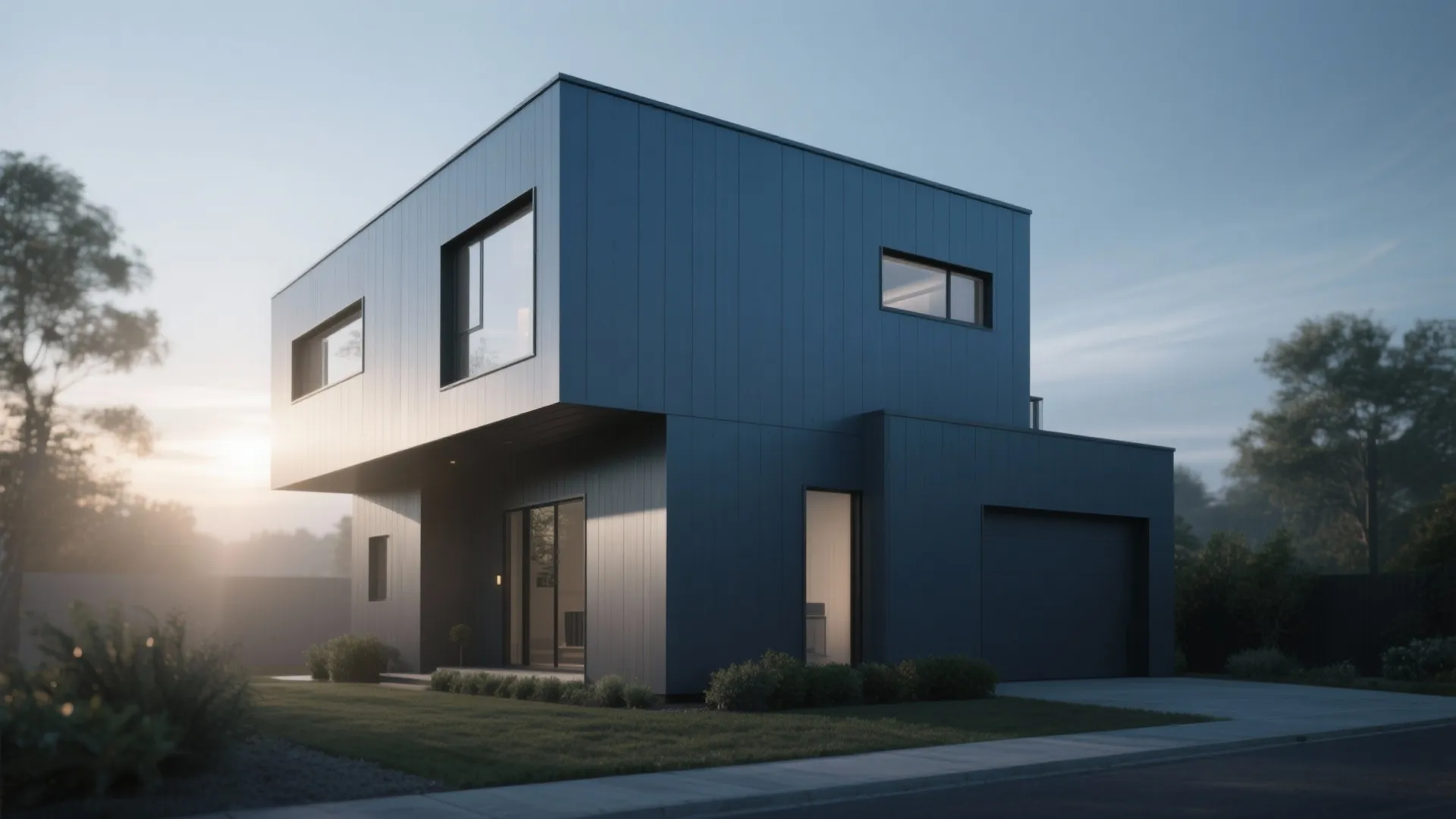 Modern blue two story house with flat roof garage large windows and green lawn landscape