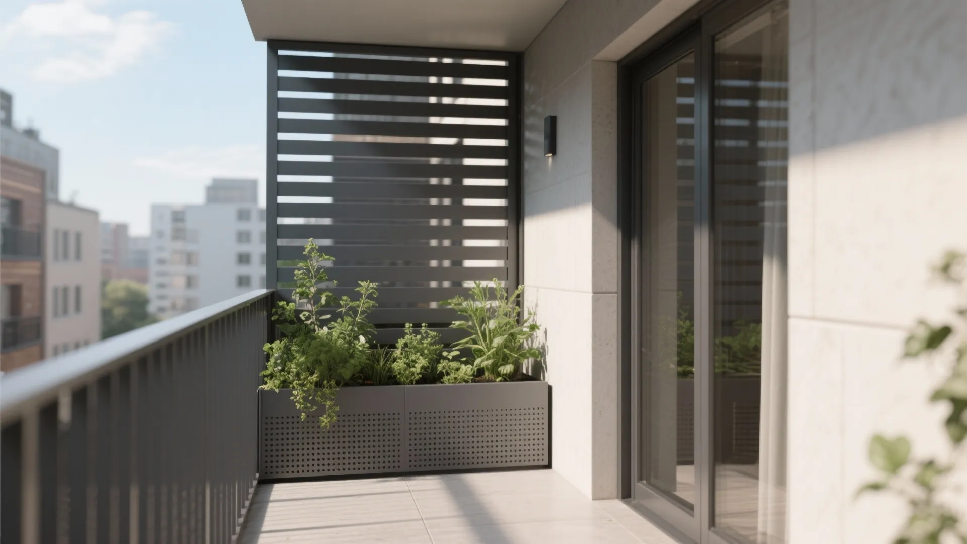 Modern balcony featuring a grey metal planter box with green plants and a privacy screen