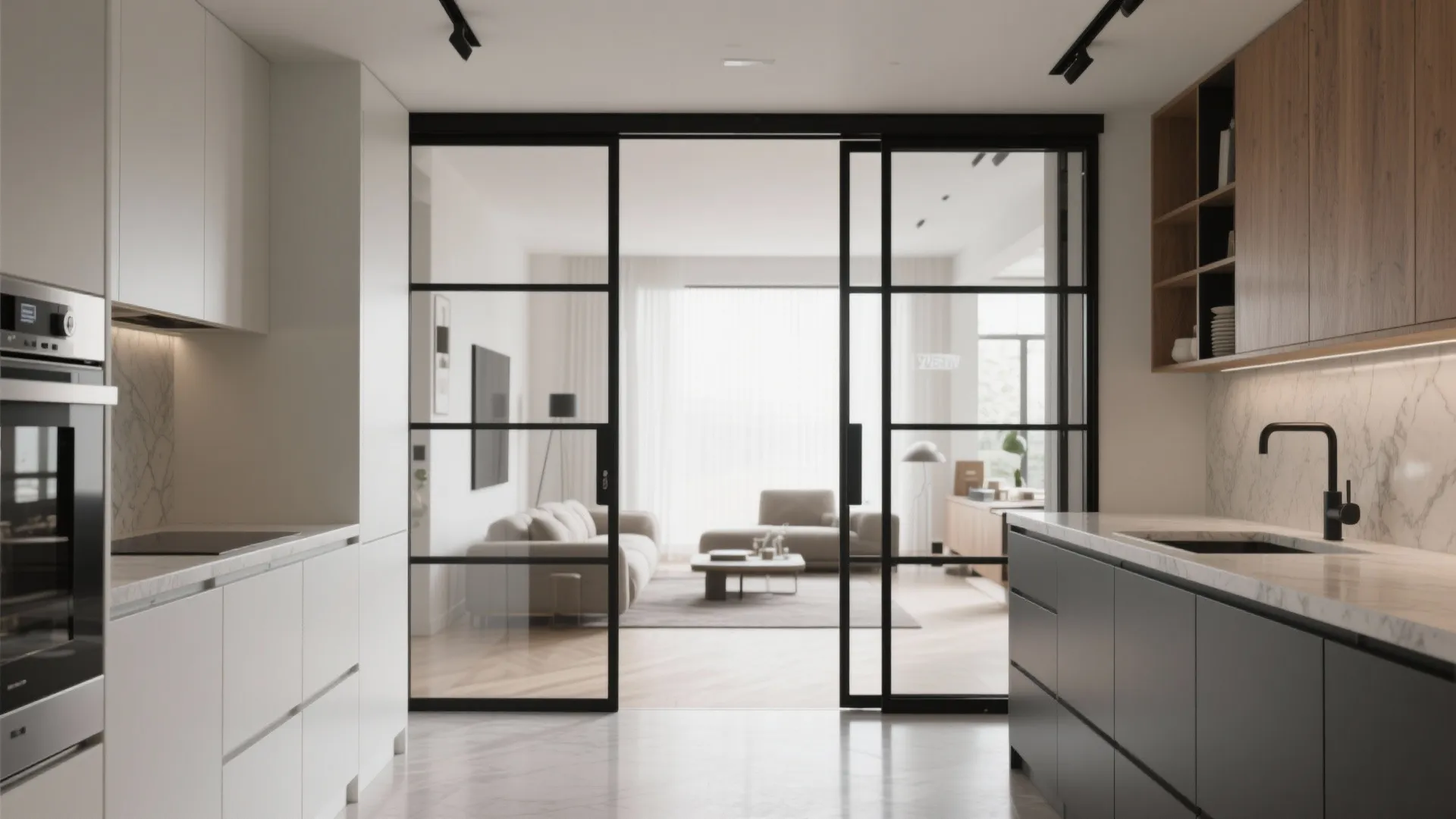 Steel-framed sliding glass partition