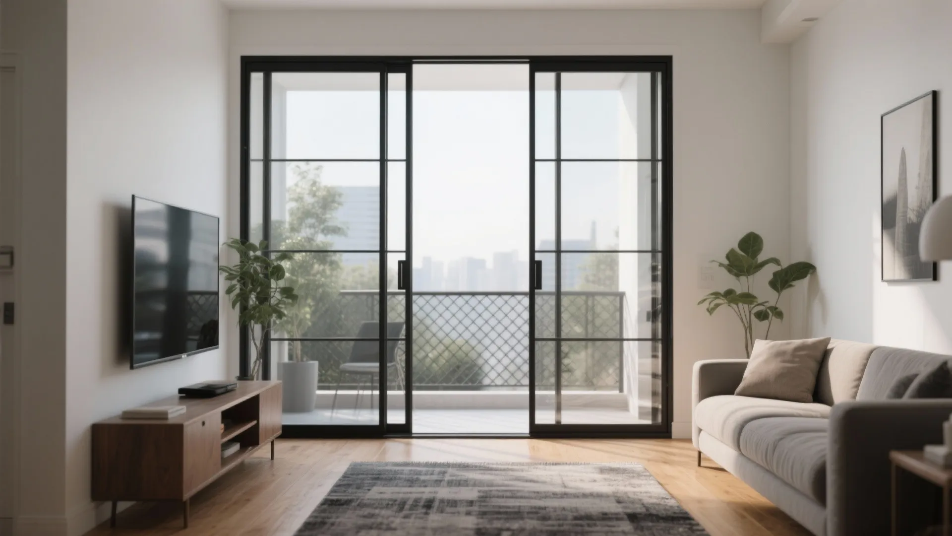 Modern living room with black sliding glass doors opening to a balcony with city view