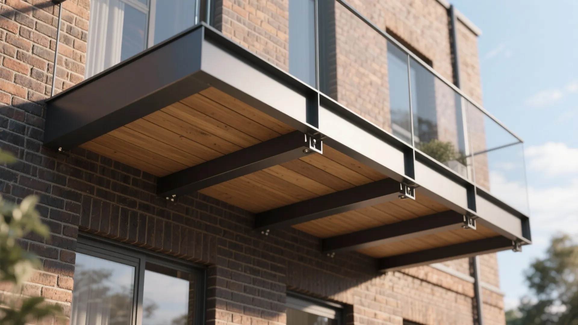 Modern balcony with metal frame and wood floor panels attached to a dark brick wall
