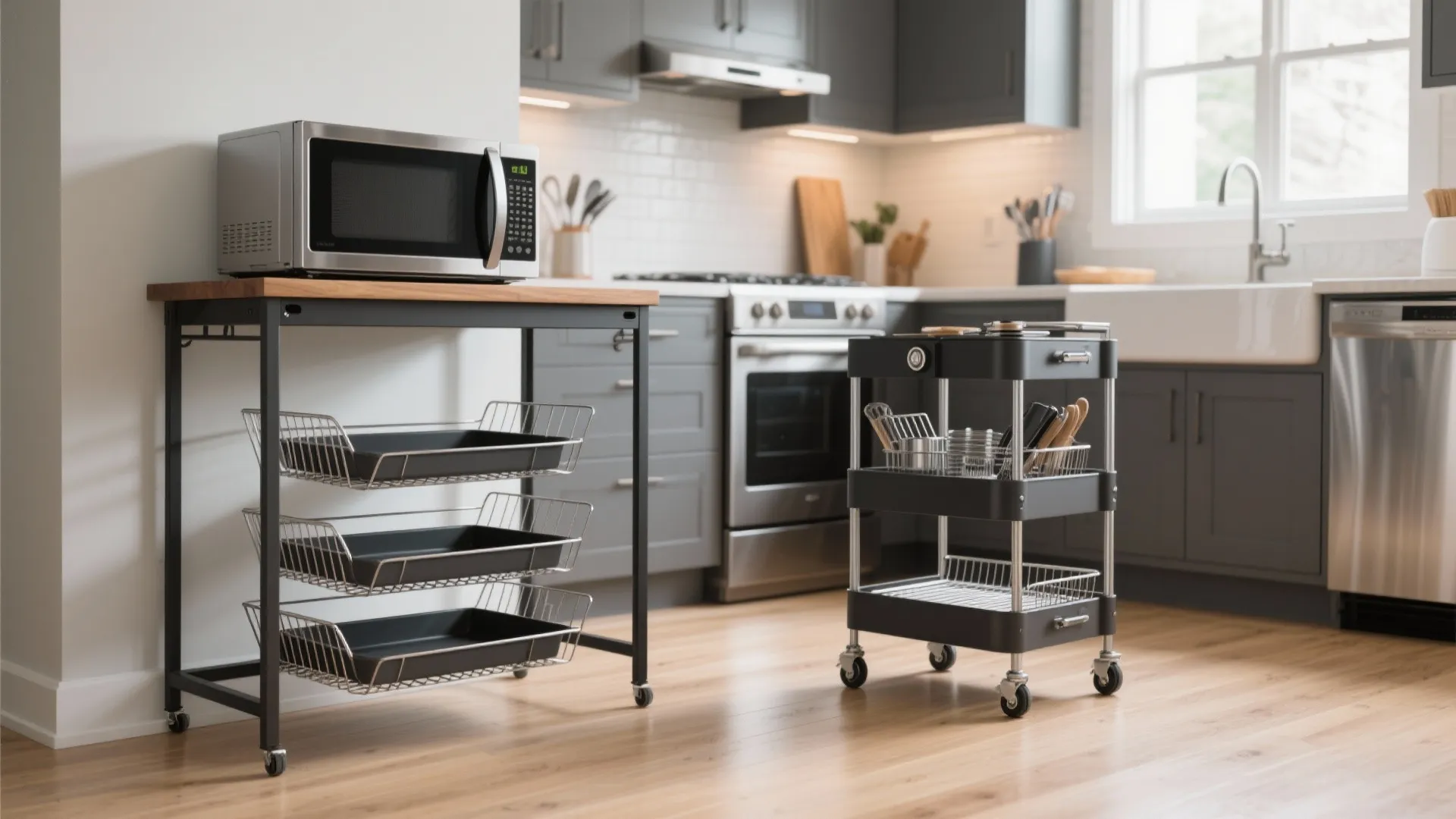 Modern kitchen room with black microwave stand on wheels and a small rolling kitchen cart