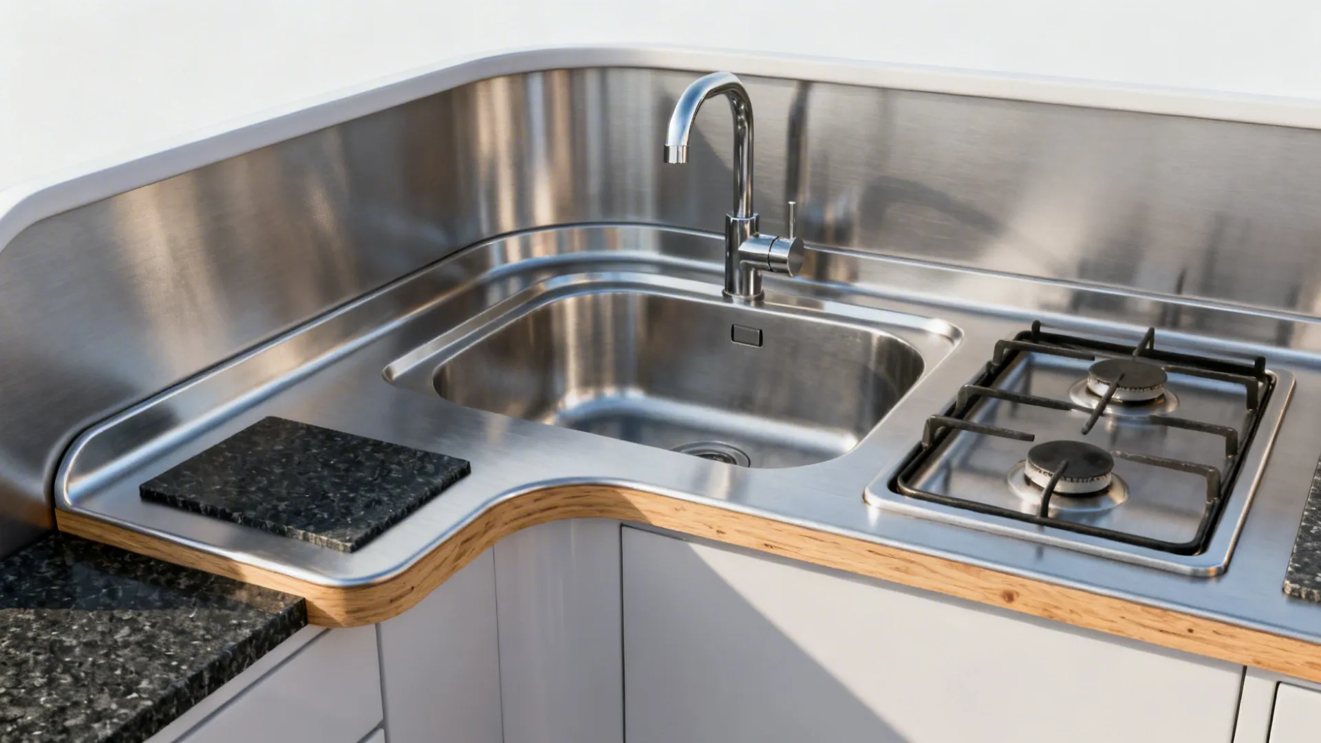 Brushed stainless worktop with integrated backsplash and granite landing zones in a compact kitchen.
