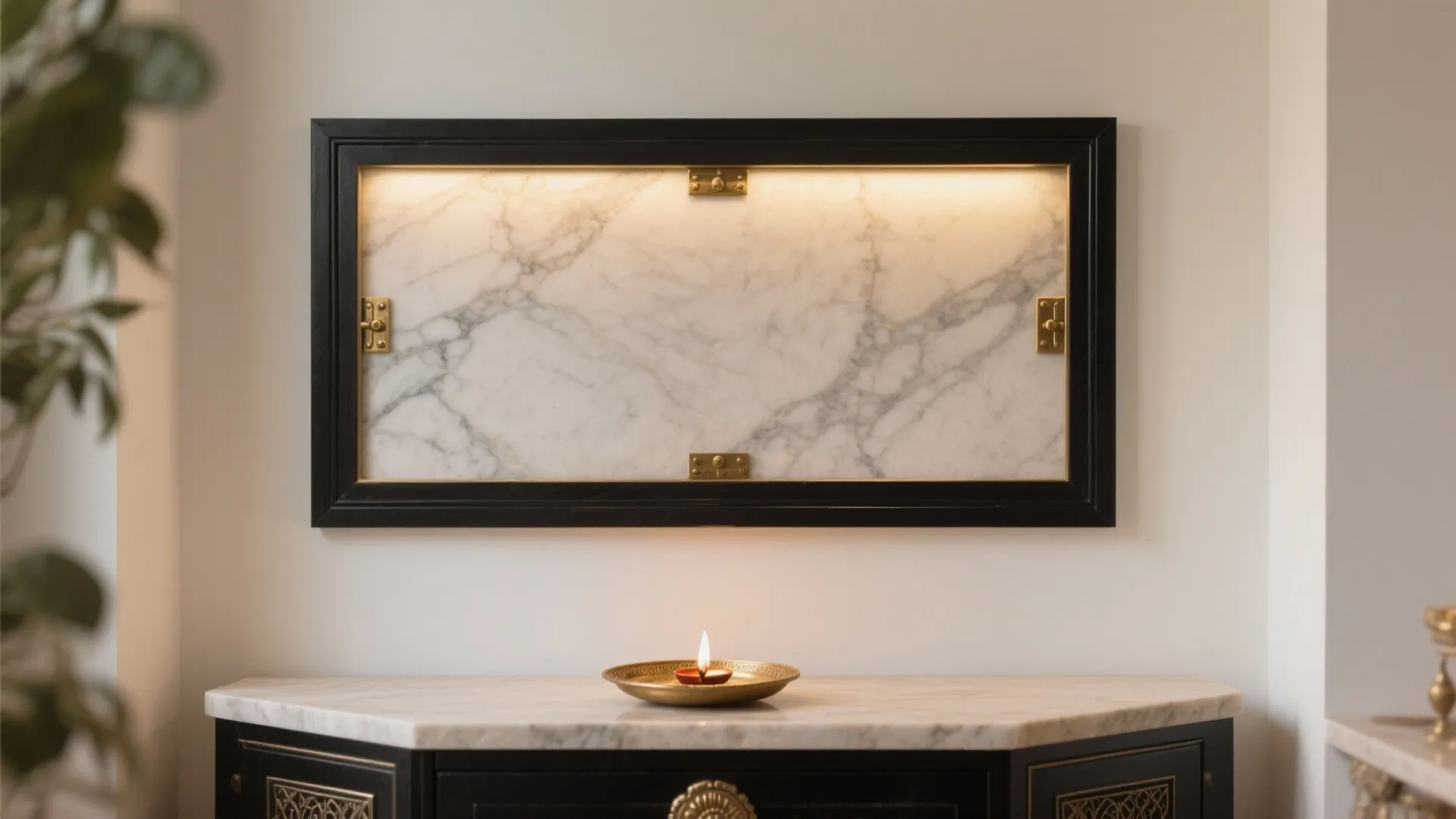 Slim blackened steel frame with a honed stone backplate creating a luxurious compact pooja corner.