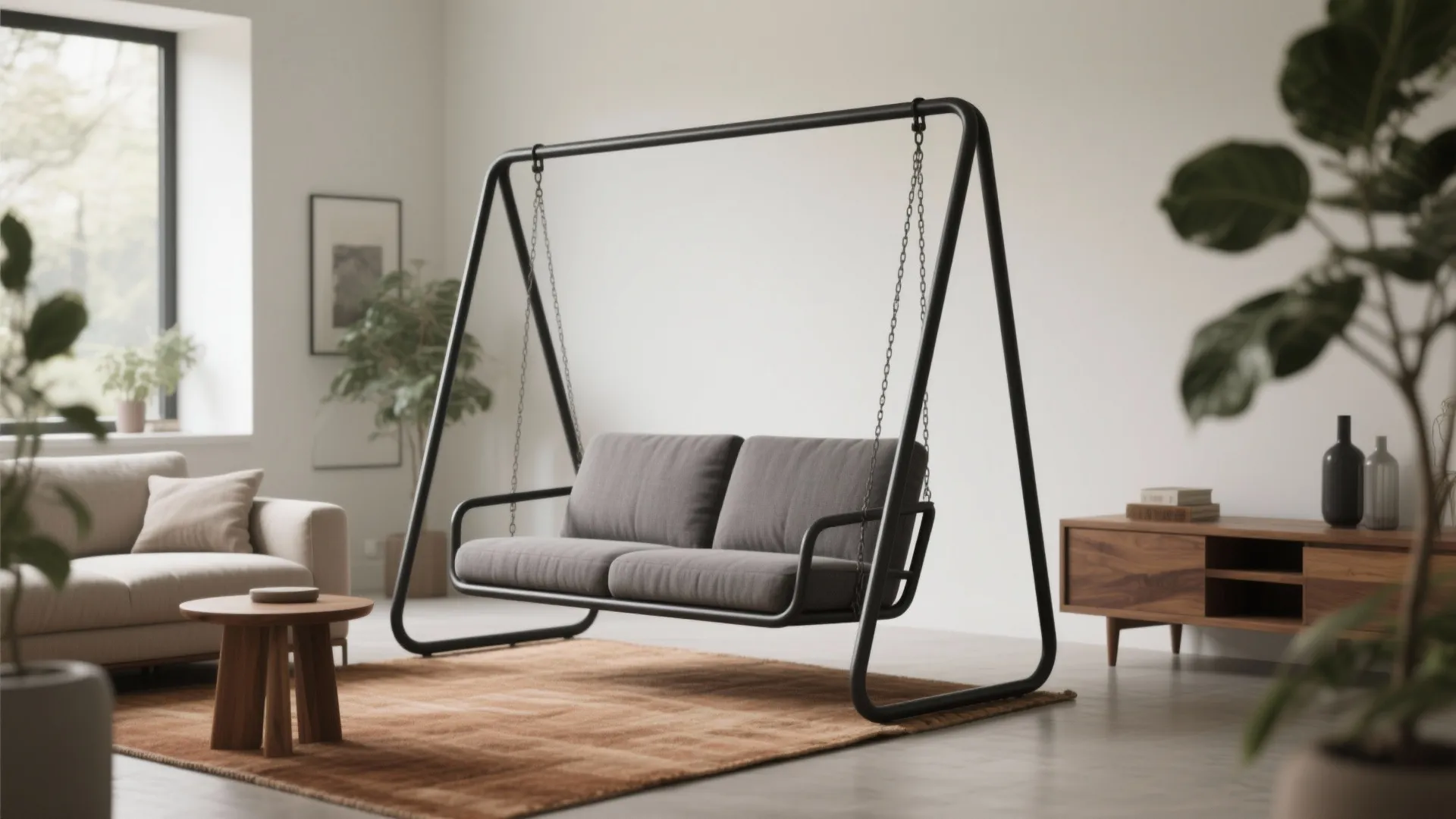 Grey indoor swing seat on black metal frame inside a modern living room with rug