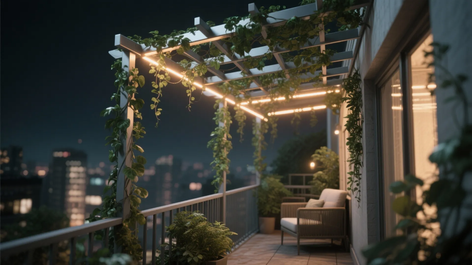 Steel trellis and micro-pergola with lighting