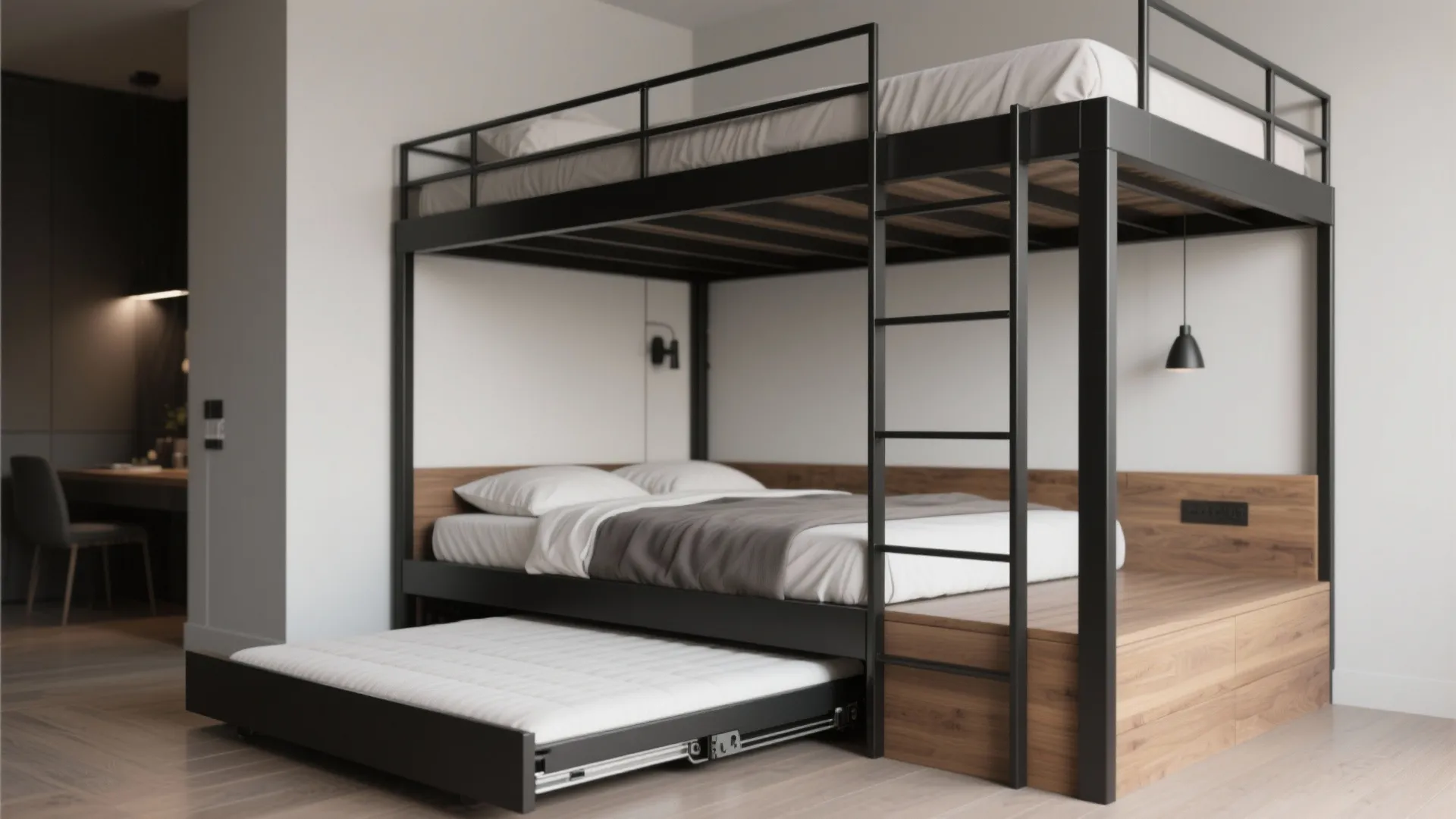 5. Minimal steel frame with pull-out guest bed