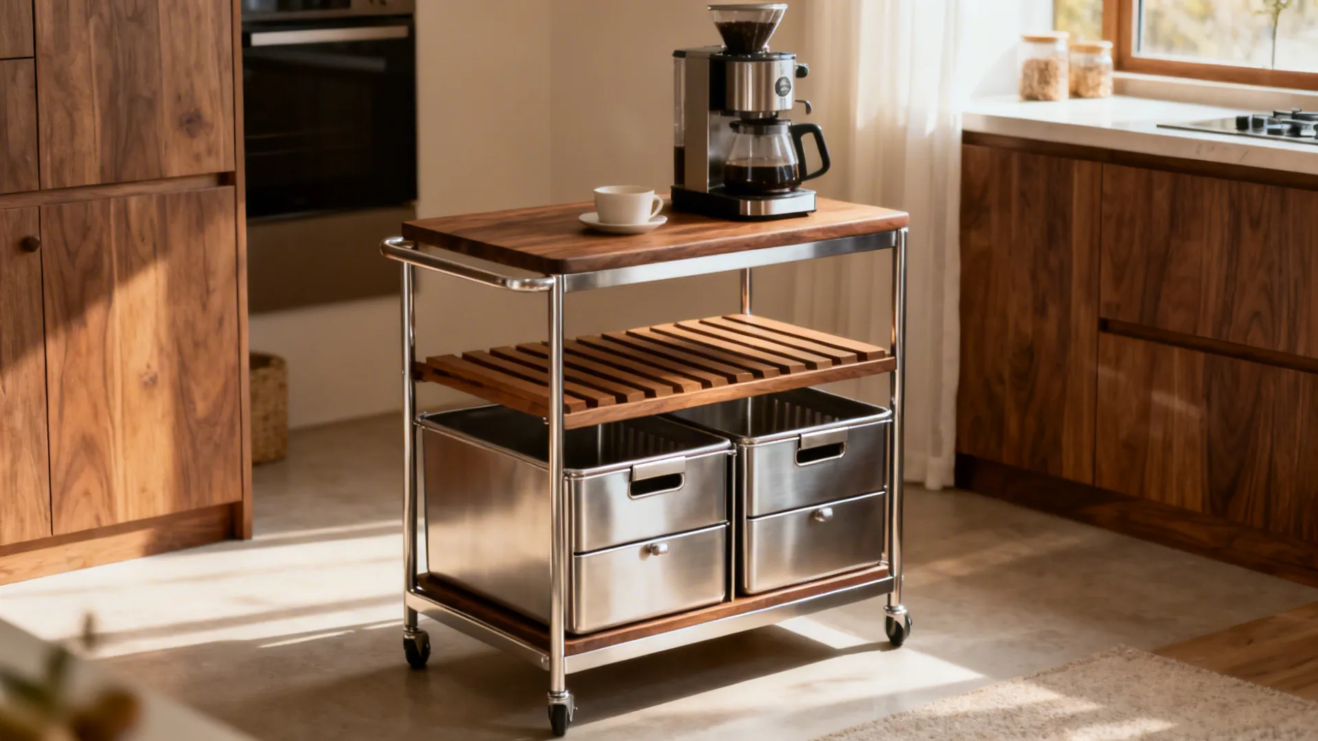 Mobile wooden coffee cart with metal drawers and coffee machine in a sunny modern kitchen interior