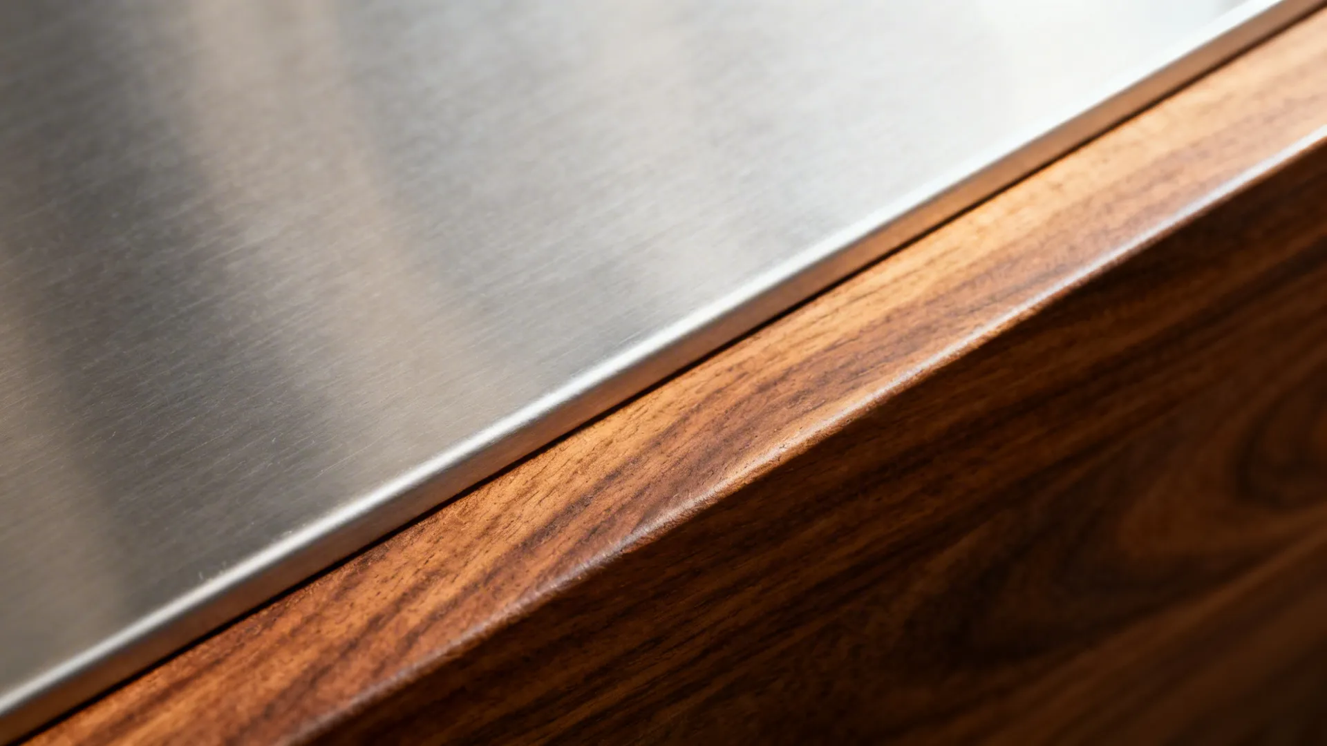 Macro of brushed stainless meeting oiled walnut, showing refined textures and clean edges.