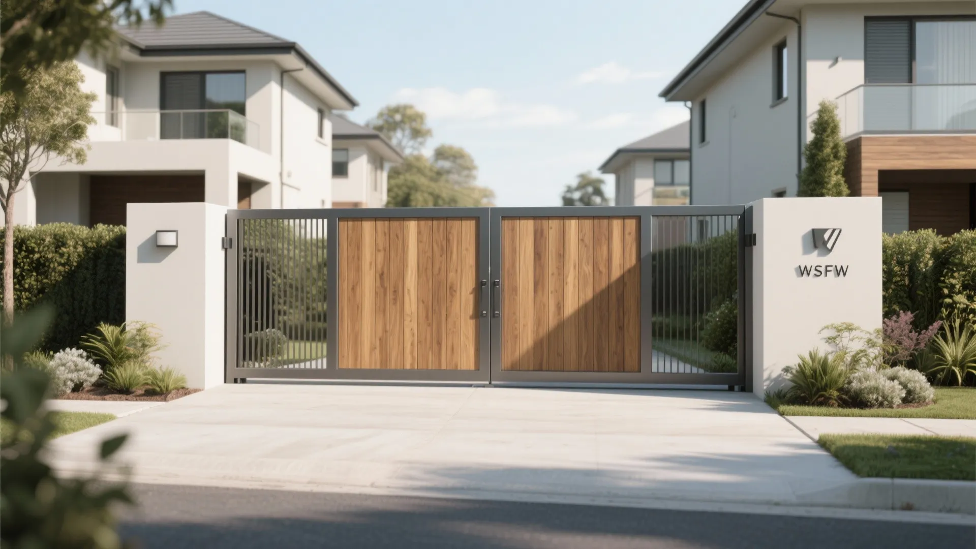 Modern driveway entrance with black metal frame and wood panel gates in a suburban neighborhood