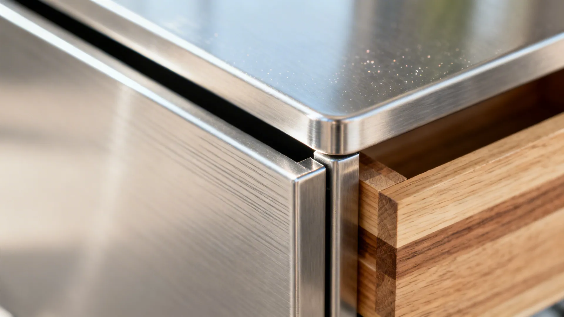 Macro detail of brushed steel drawer and wood butcher-block on a minimalist trolley.