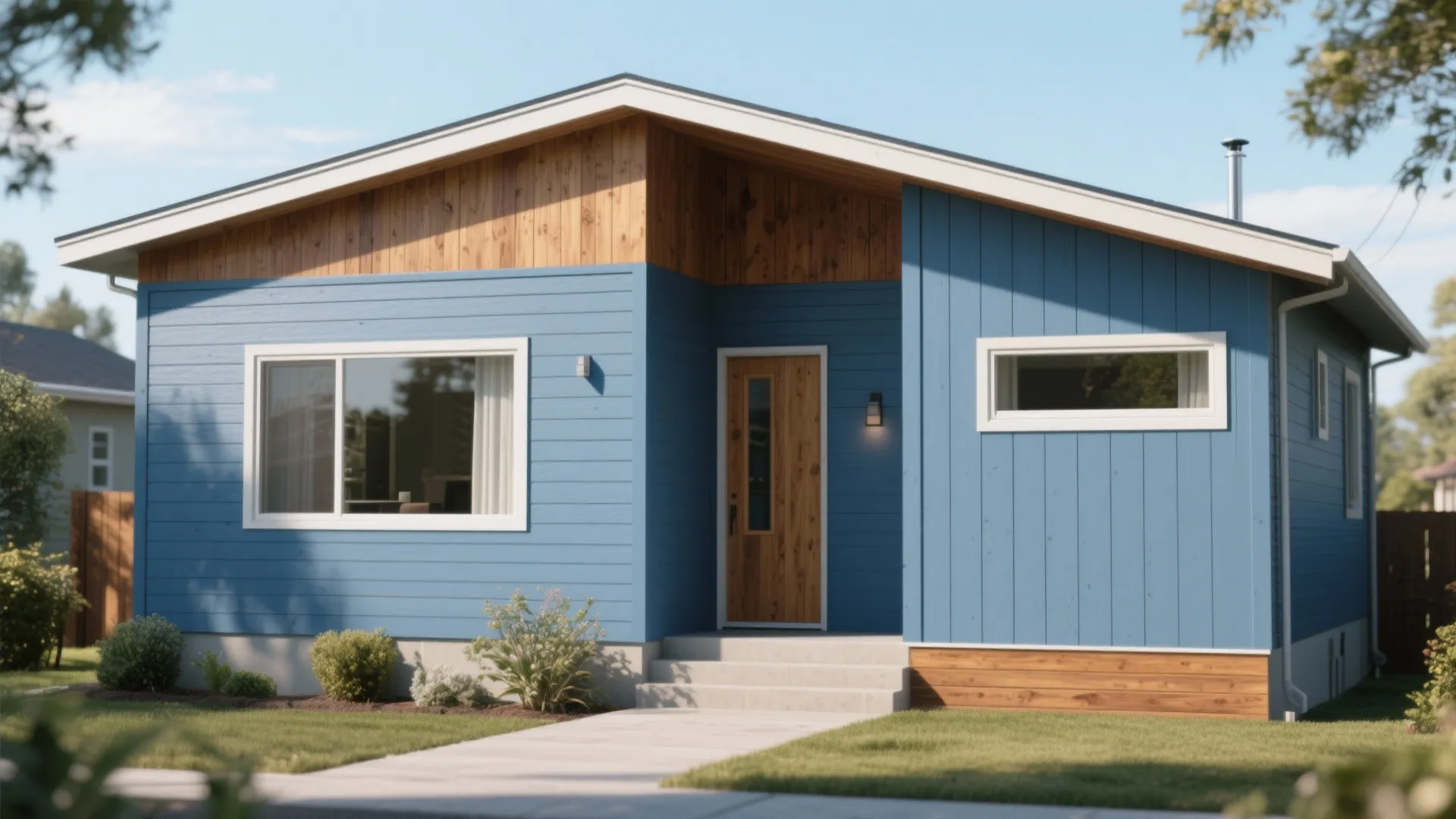 Modern blue house with wood siding white windows wooden front door green lawn and path