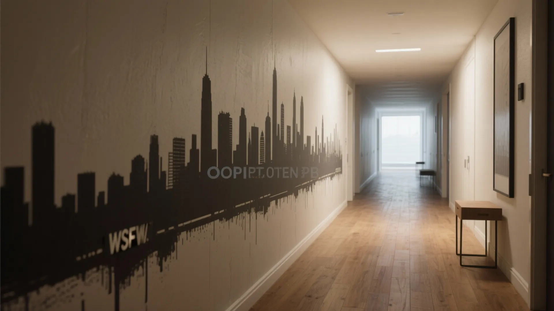 Narrow hallway featuring a crisp stenciled skyline running along the wall, showing scale and stencil detail.