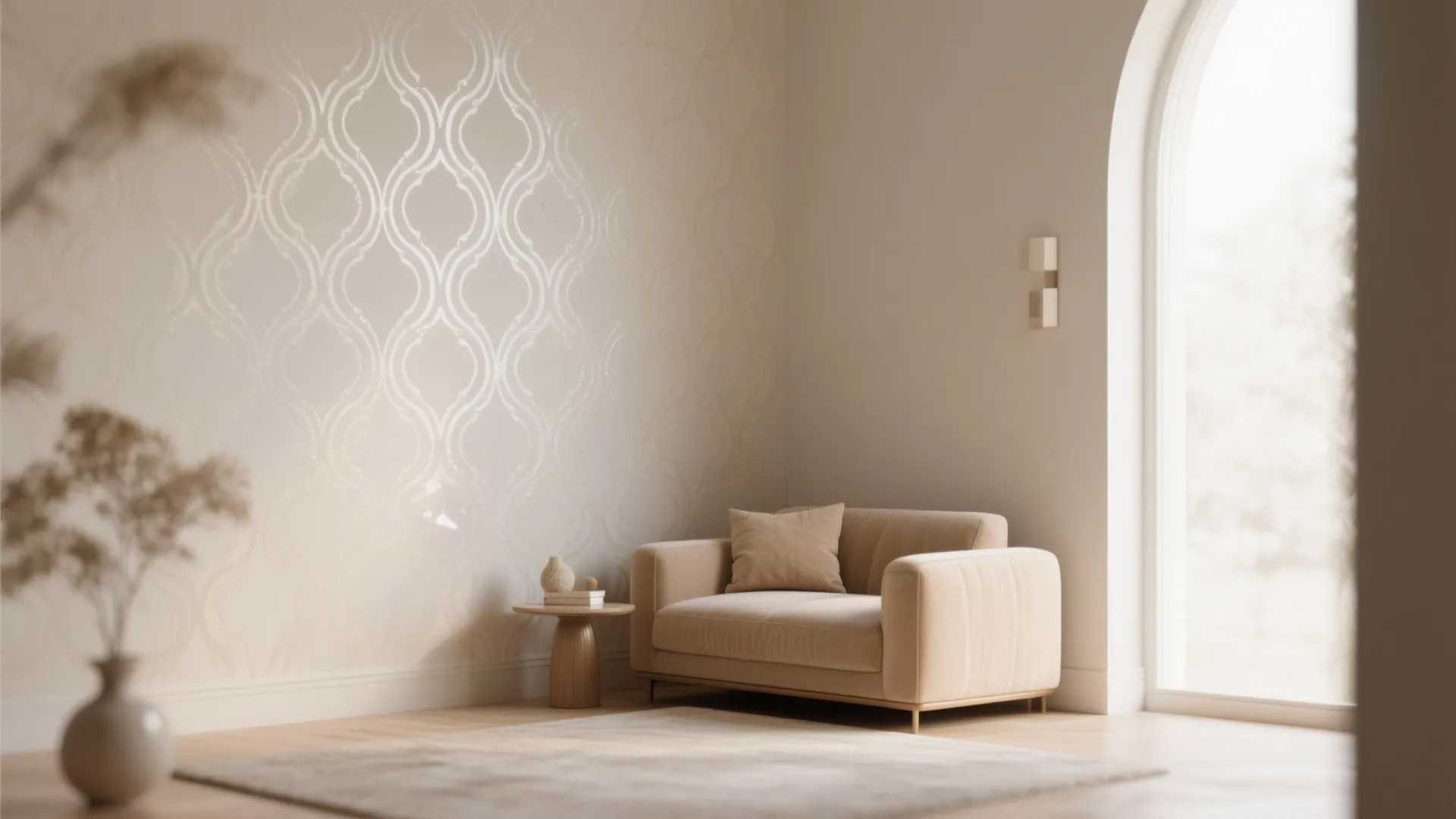 Cozy living room corner with beige sofa and side table near a bright arched window